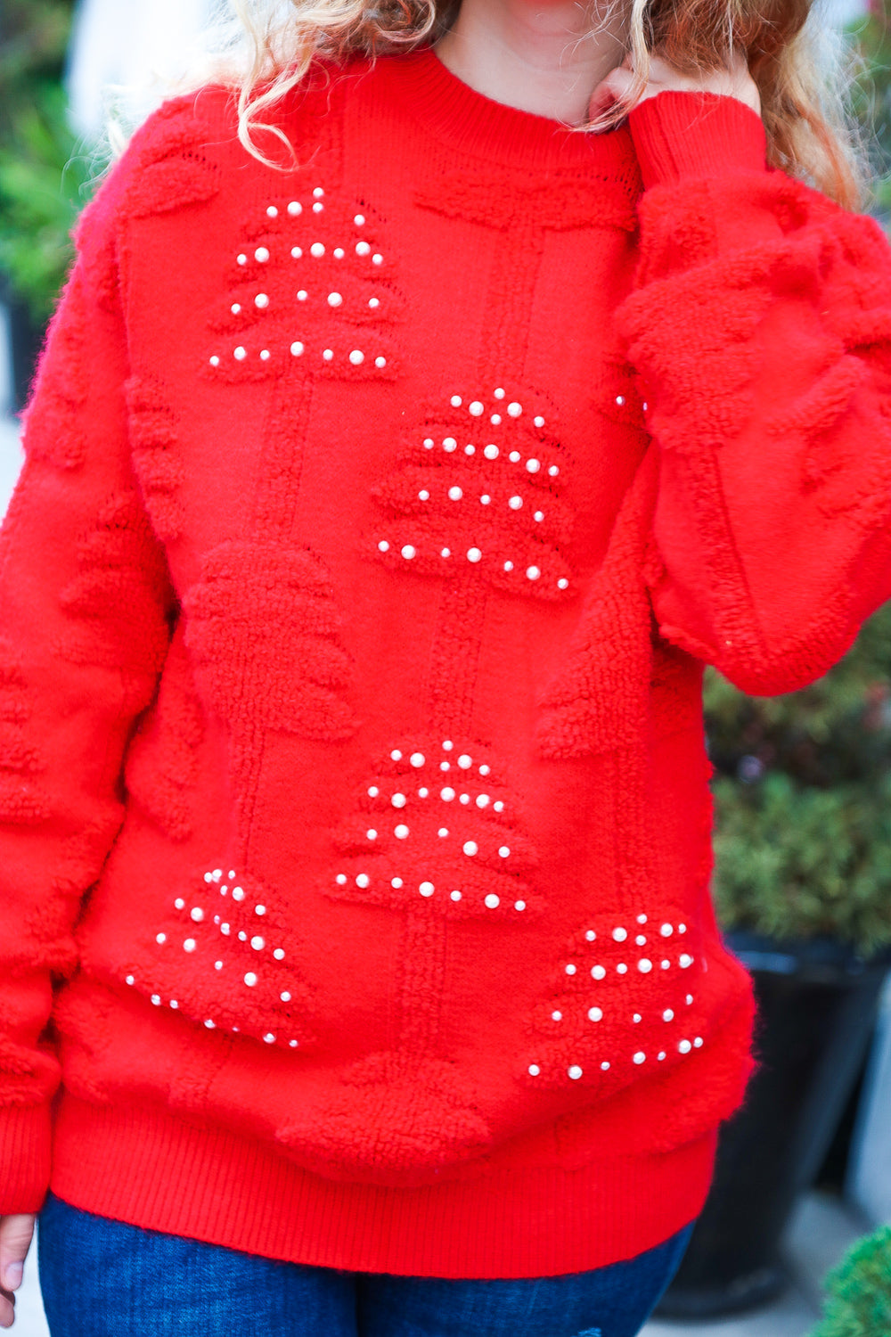 More The Merrier Red Pearl Christmas Tree Jacquard Sweater