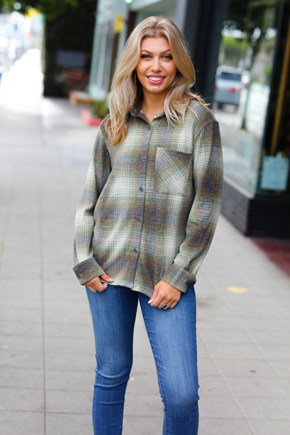 Green Jacquard Plaid Button Up