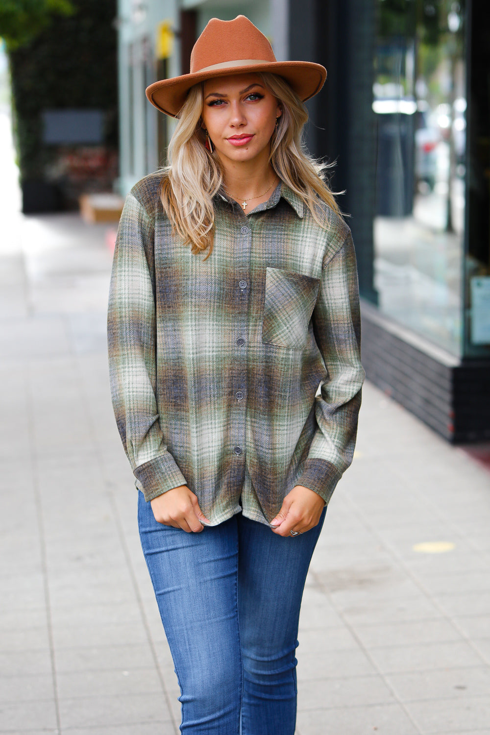 Green Jacquard Plaid Button Up