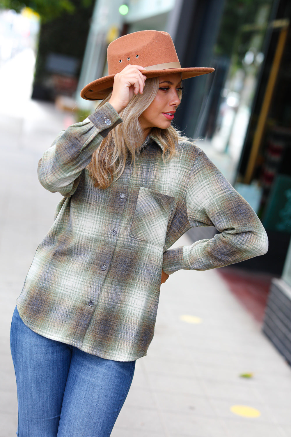 Green Jacquard Plaid Button Up