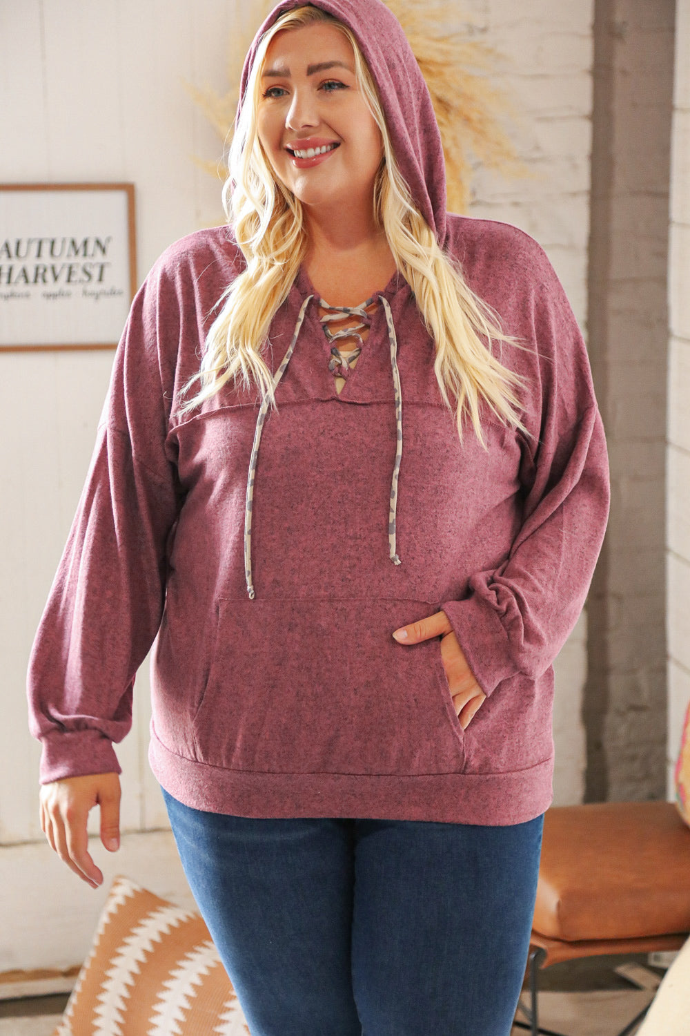 Mauve Two-Tone Leopard Print Lace Up Hoodie