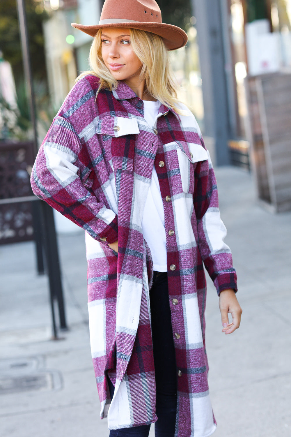 Eyes On You Burgundy Plaid Longline Jacket