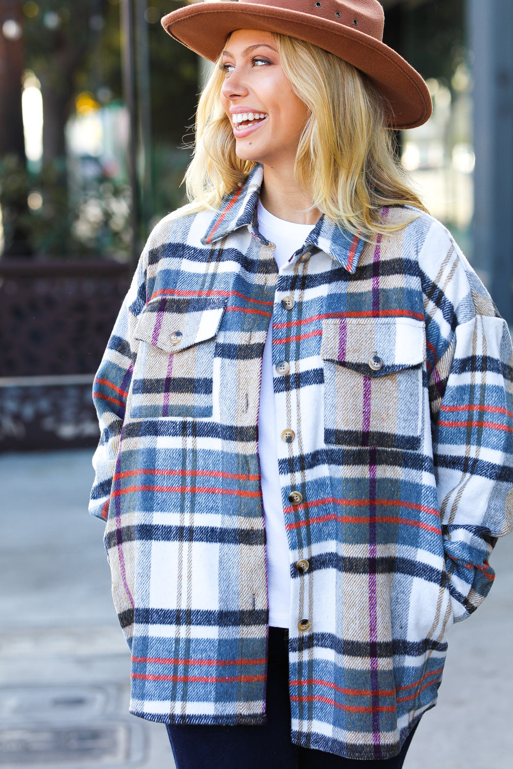 Perfectly You Taupe & Blue Plaid Flannel Button Down Shacket