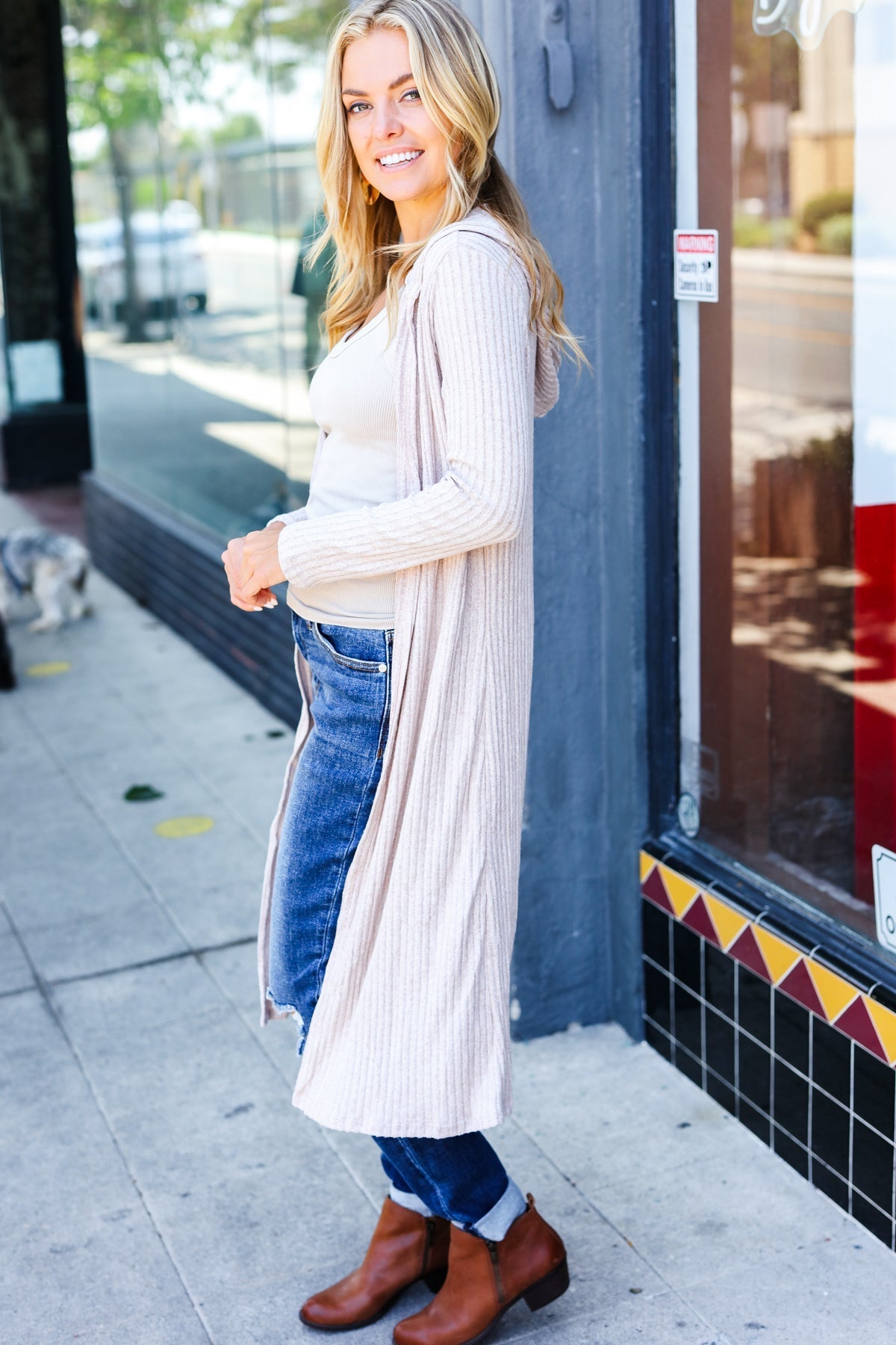 Casual Chic Taupe Ribbed Hooded Open Cardigan