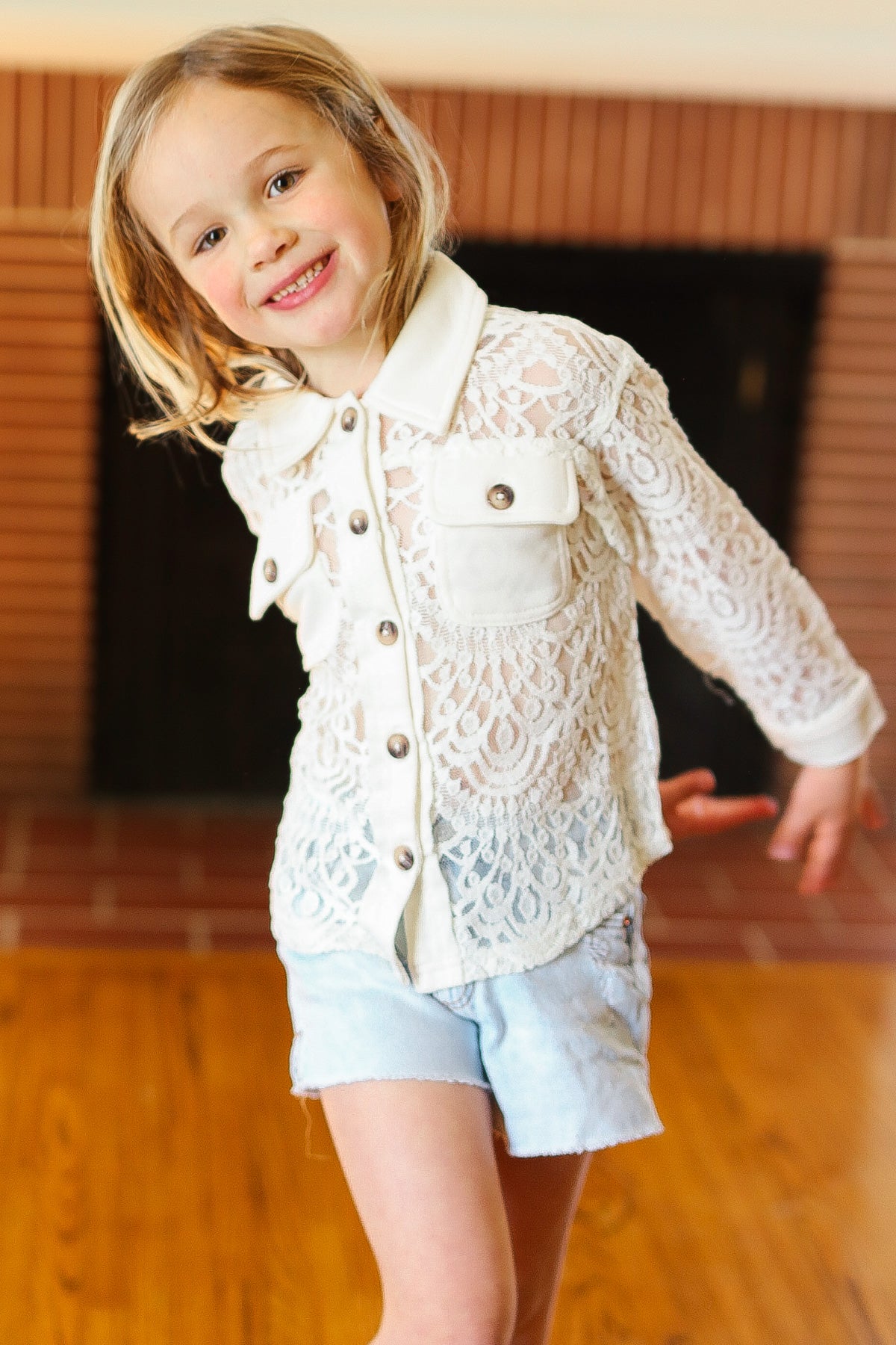 Kids Giddy Up Cream Cotton Floral Lace Button Down Top