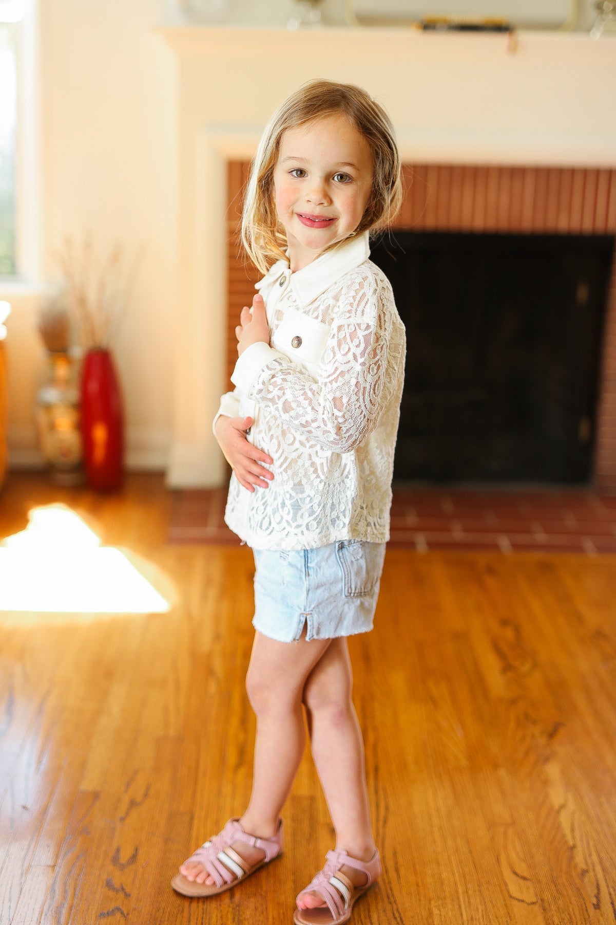 Kids Giddy Up Cream Cotton Floral Lace Button Down Top