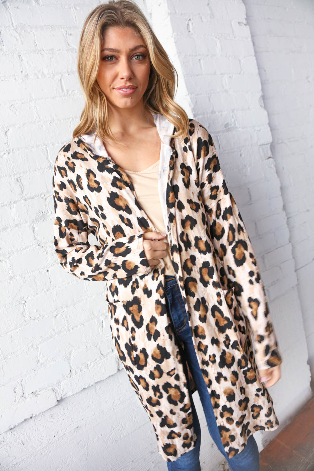 Animal Print Brushed Knit Pocketed Cardigan Hoodie