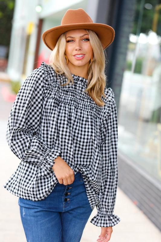 Black Gingham Shirred Yoke Mock Neck Frilled Top