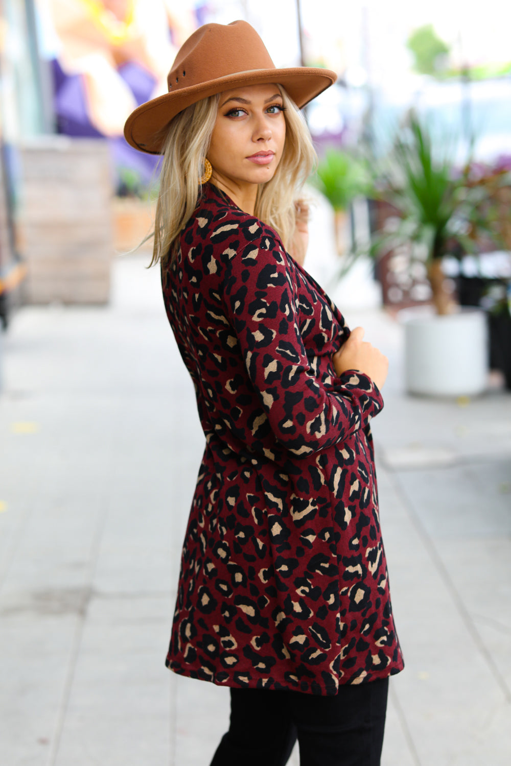 Weekend Envy Burgundy Animal Print Open Cardigan