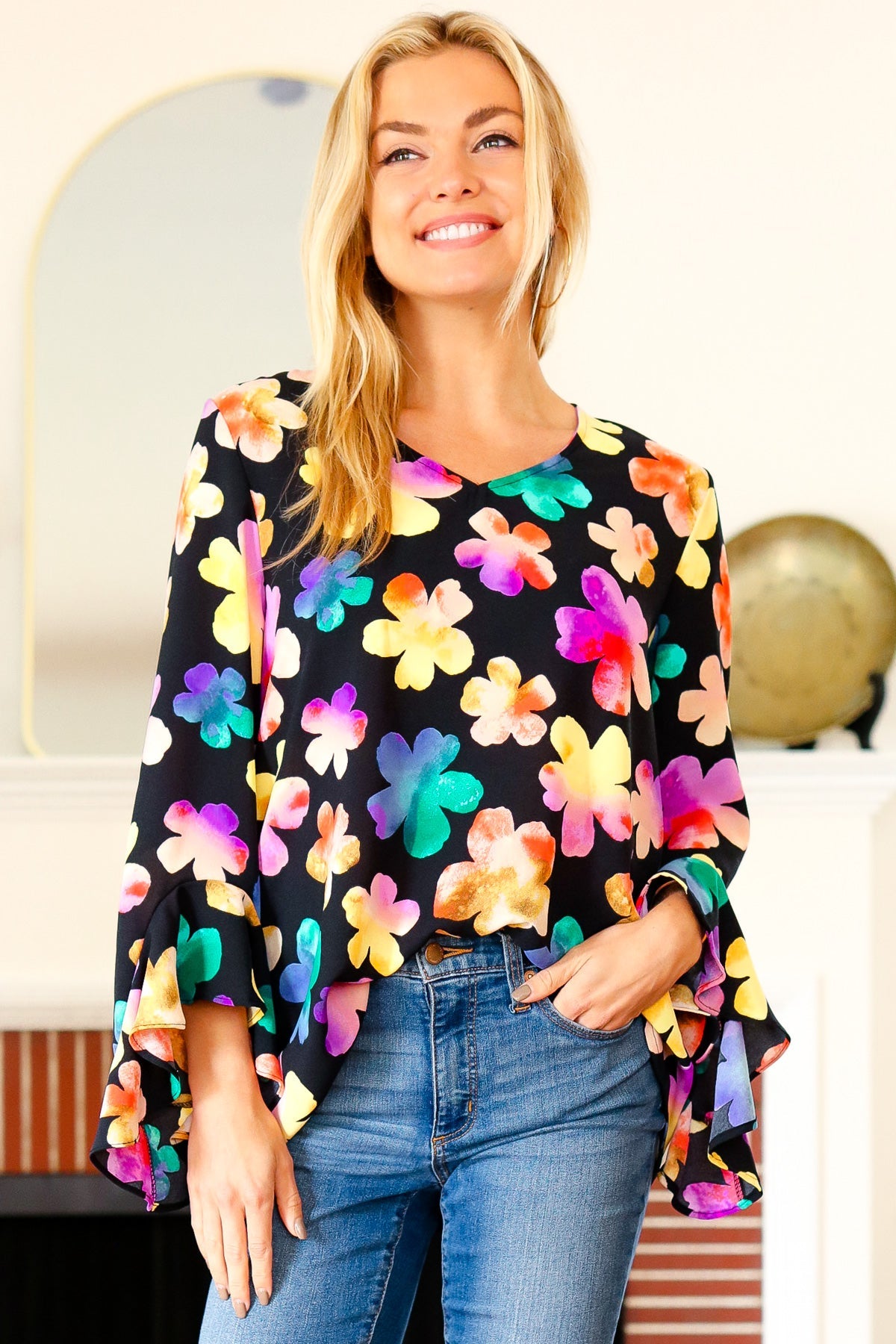 Be Bold Black Floral Hi-Lo Ruffle Sleeve Woven Top