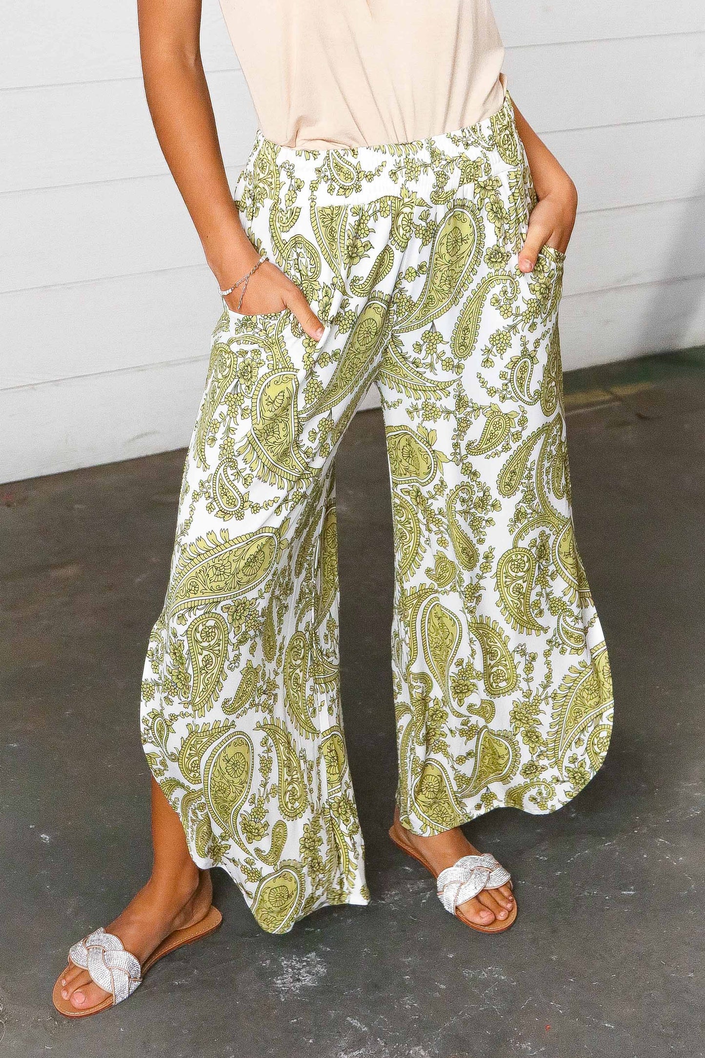 Light Green Paisley Print Side Slit Palazzo Pants