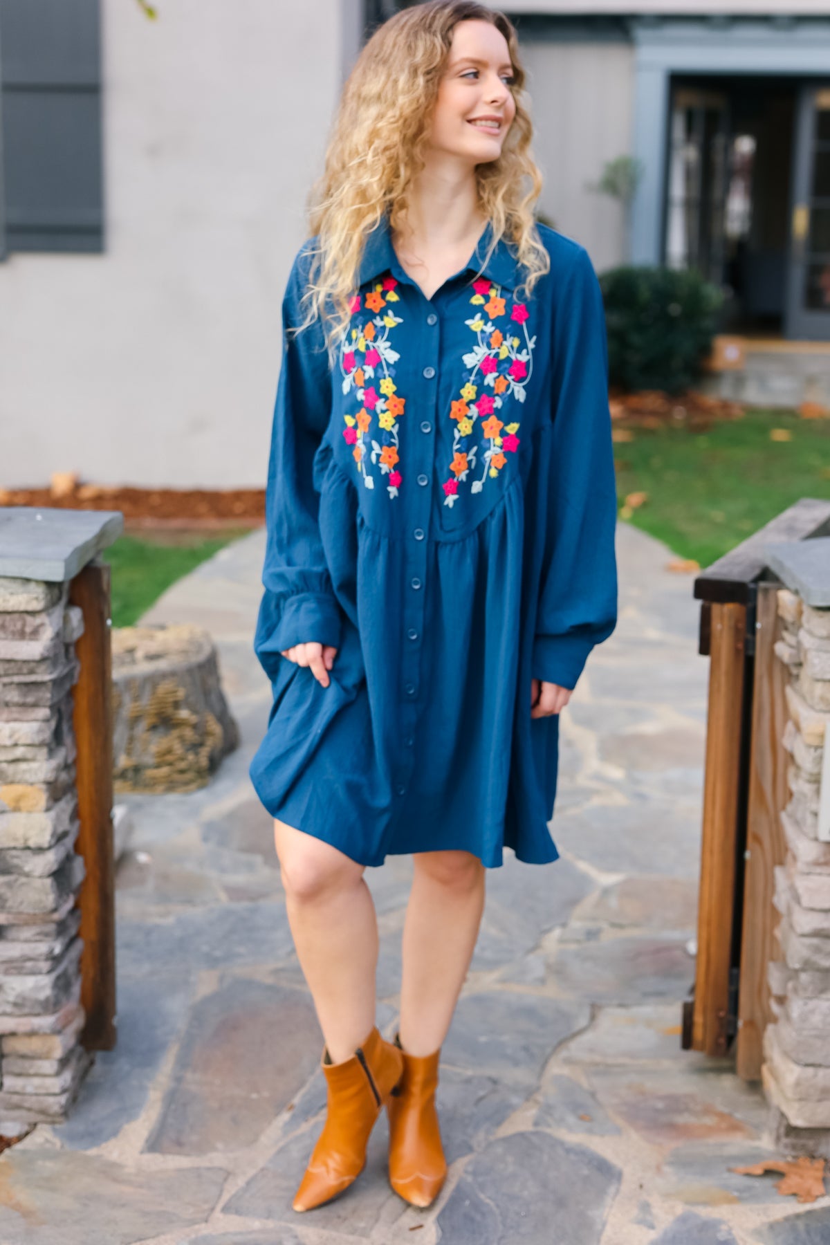 Just Imagine Navy Floral Embroidered Button Down Long Sleeve Dress