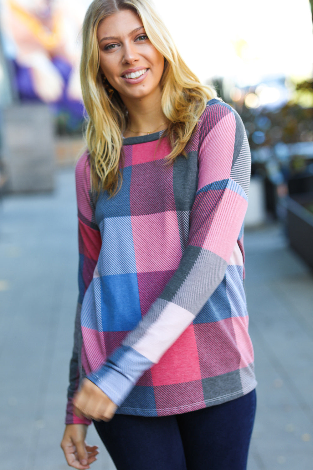 Weekend Ready Blue & Plum Checker Plaid French Terry Top