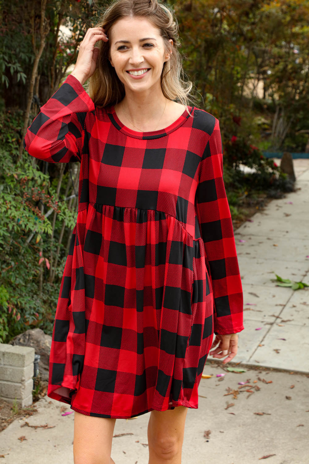 Plaid Babydoll Midi Swing Dress with Pockets