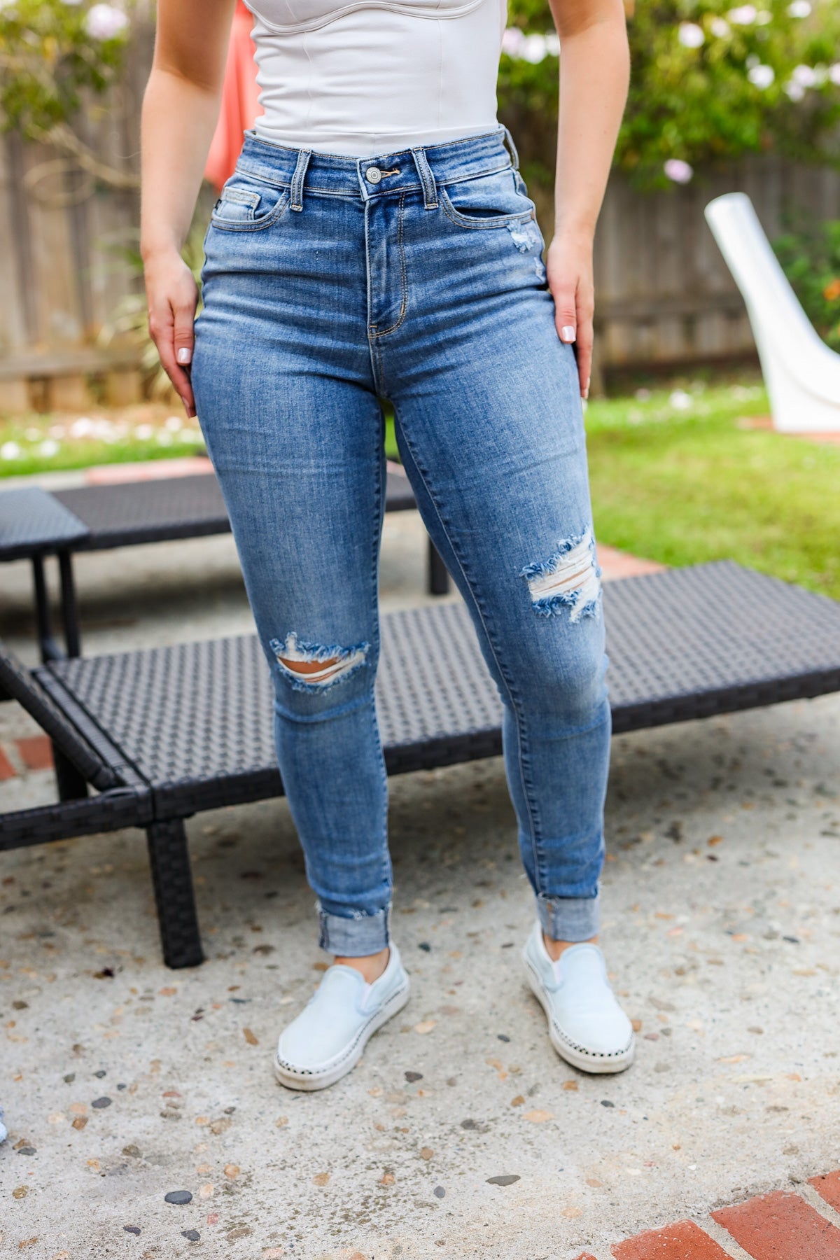 Judy Blue Medium Blue Mid Rise Distressed Cuffed Jeans