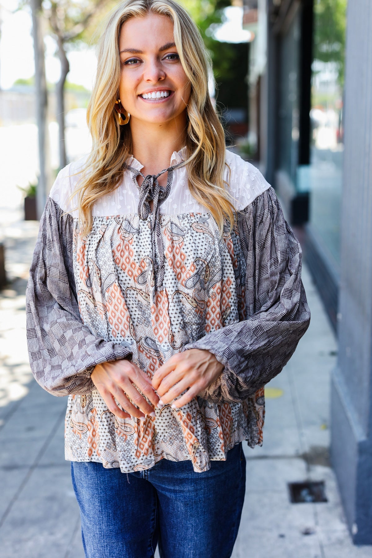 Taupe Paisley Print Houndstooth Mock Neck Top