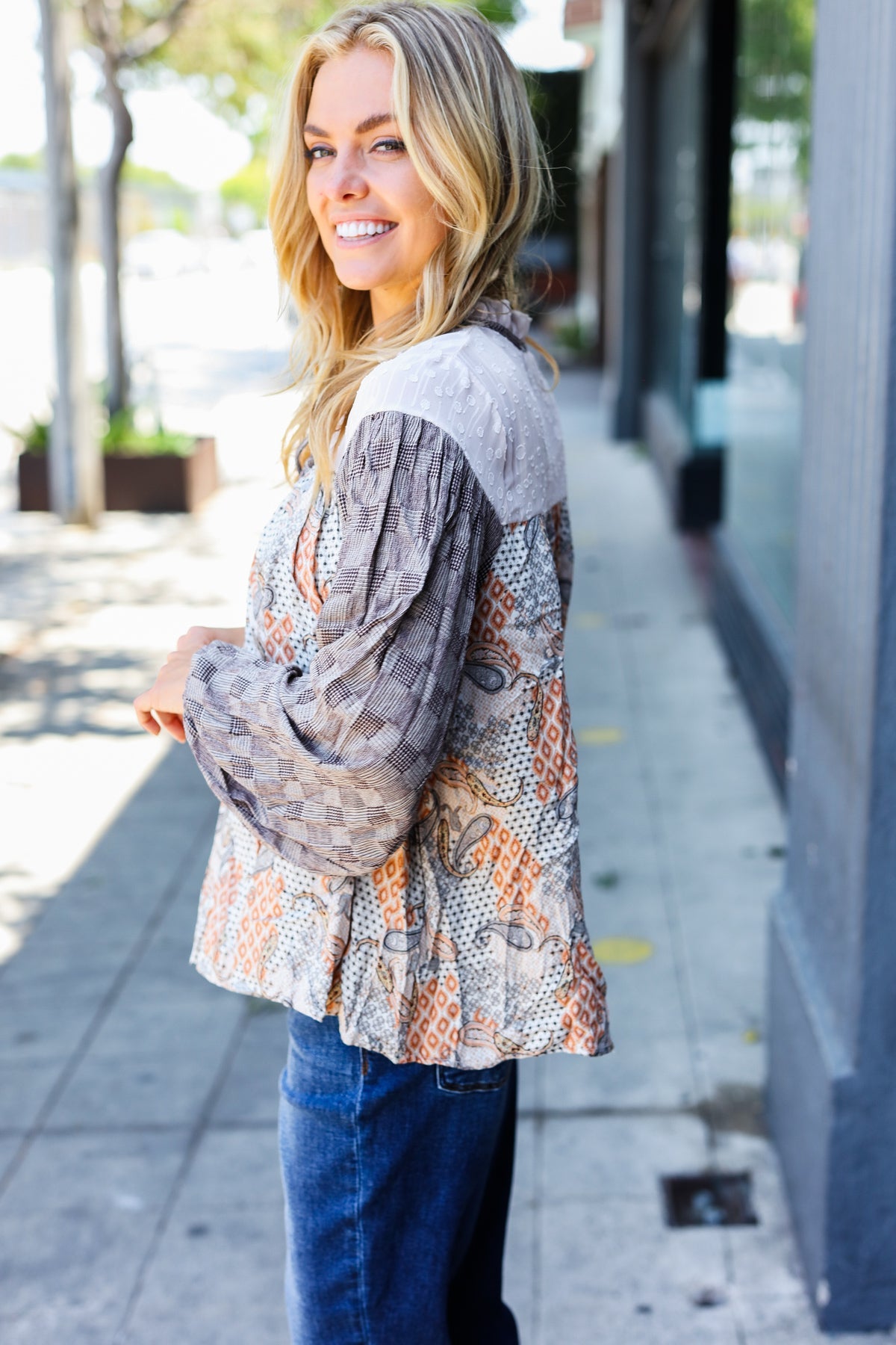 Taupe Paisley Print Houndstooth Mock Neck Top