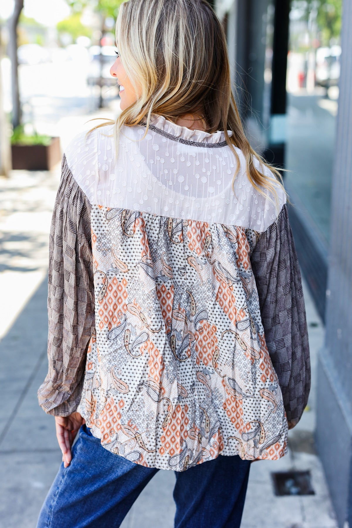 Taupe Paisley Print Houndstooth Mock Neck Top