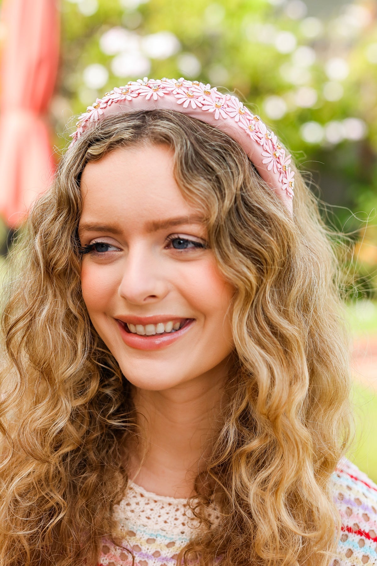 Pink Satin Daisy Rhinestone Headband