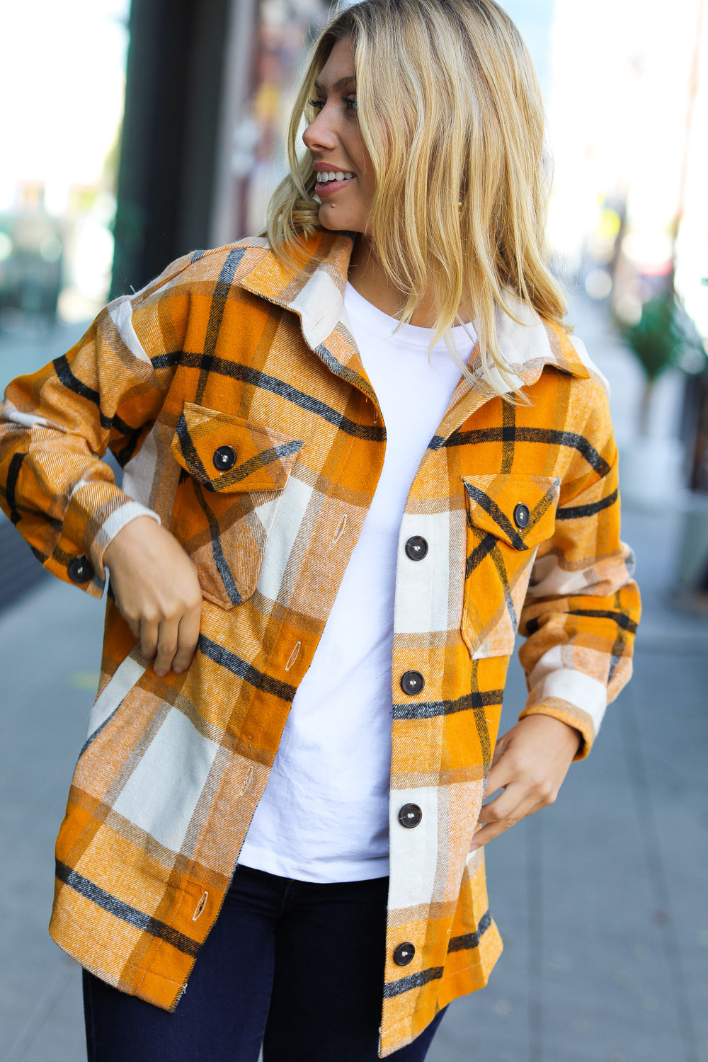 Weekend Ready Butterscotch Plaid Flannel Oversized Jacket