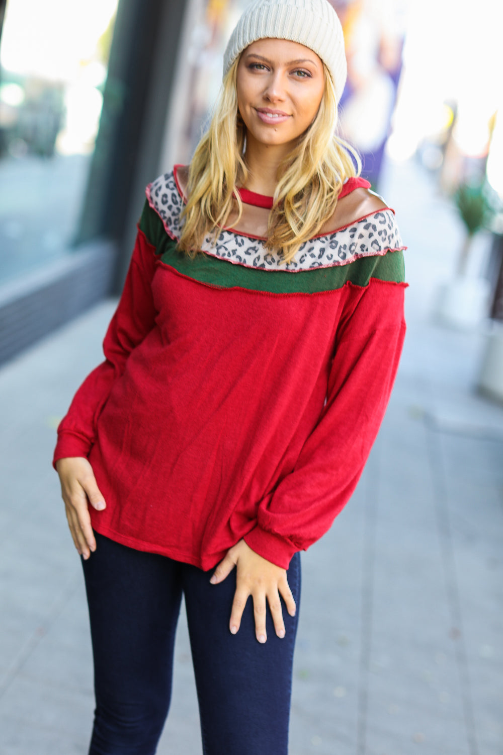 Christmas Red Terry Hacci Color Block Pullover