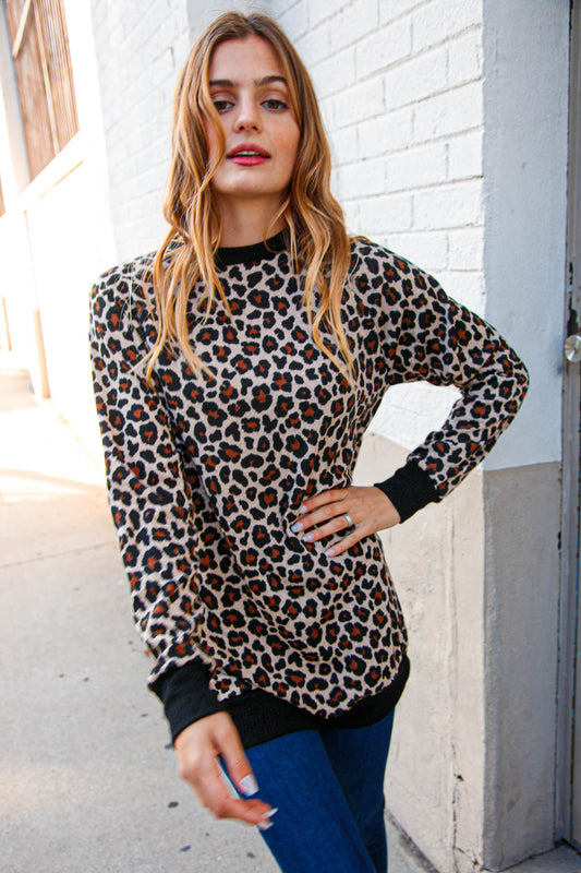 Animal Print Black Rib Knit Hemline French Terry Pullover