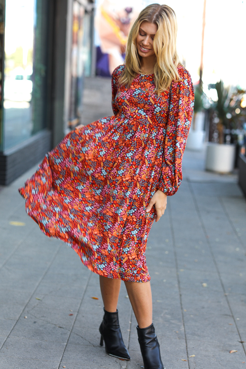 Just For Me Rust Ditzy Floral Fit & Flare Midi Dress