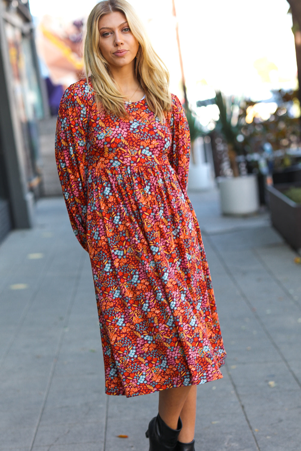 Just For Me Rust Ditzy Floral Fit & Flare Midi Dress