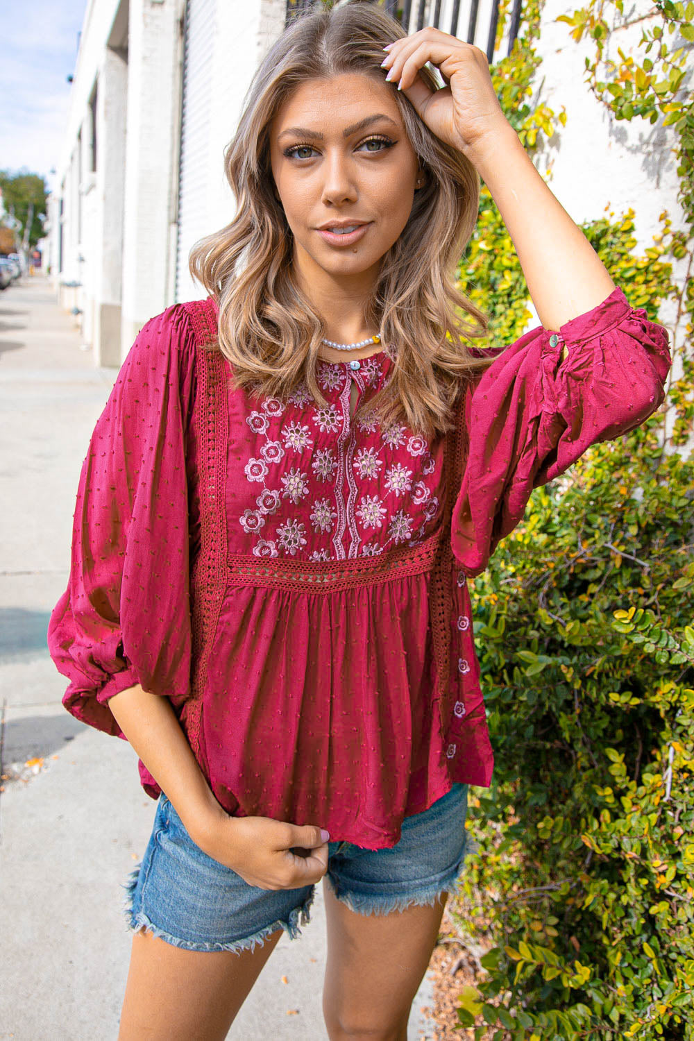 Cranberry Boho Crochet Lace Eyelet Swiss Dot Top