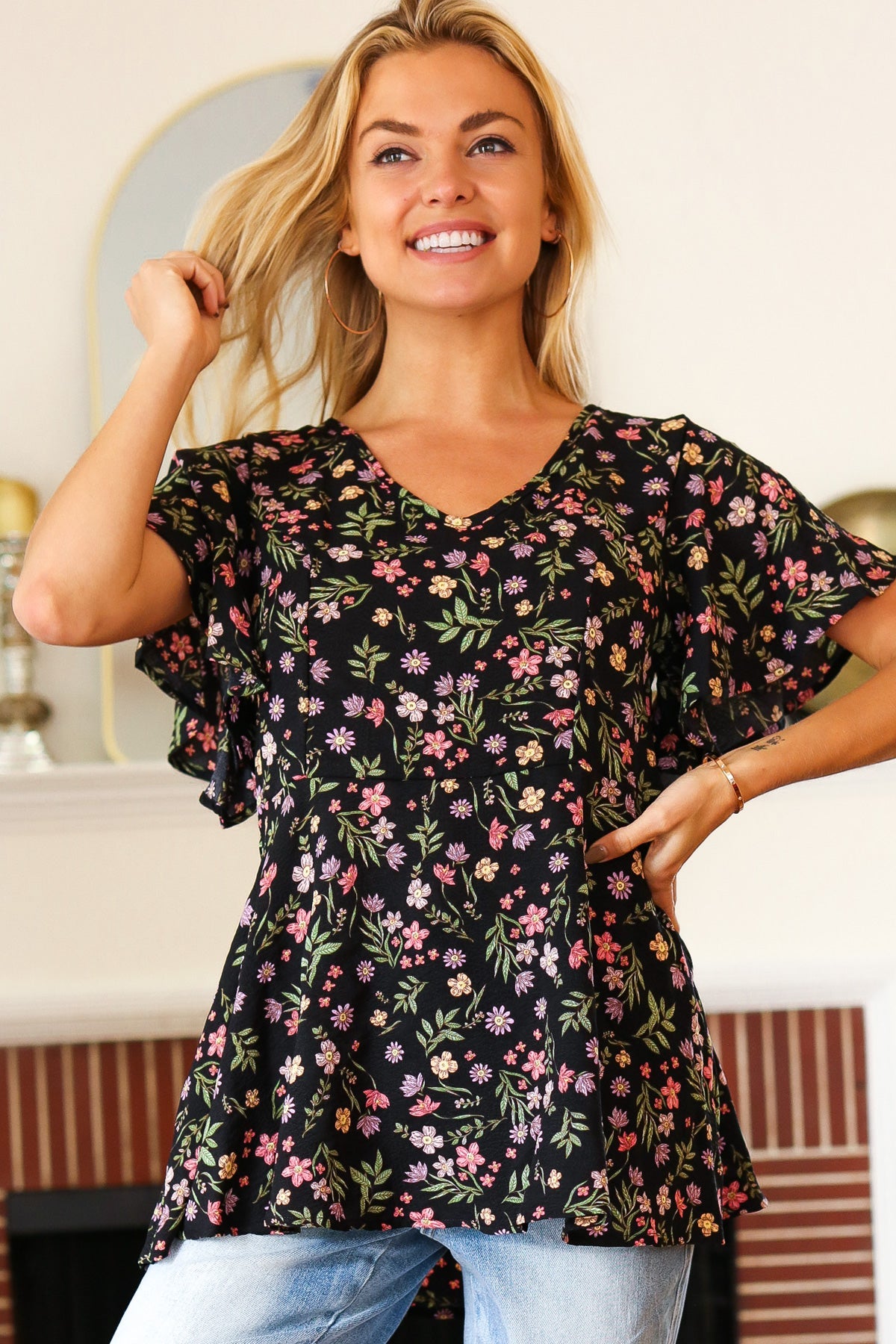 Summer Vibes Black Floral Print V Neck Babydoll Crepe Top