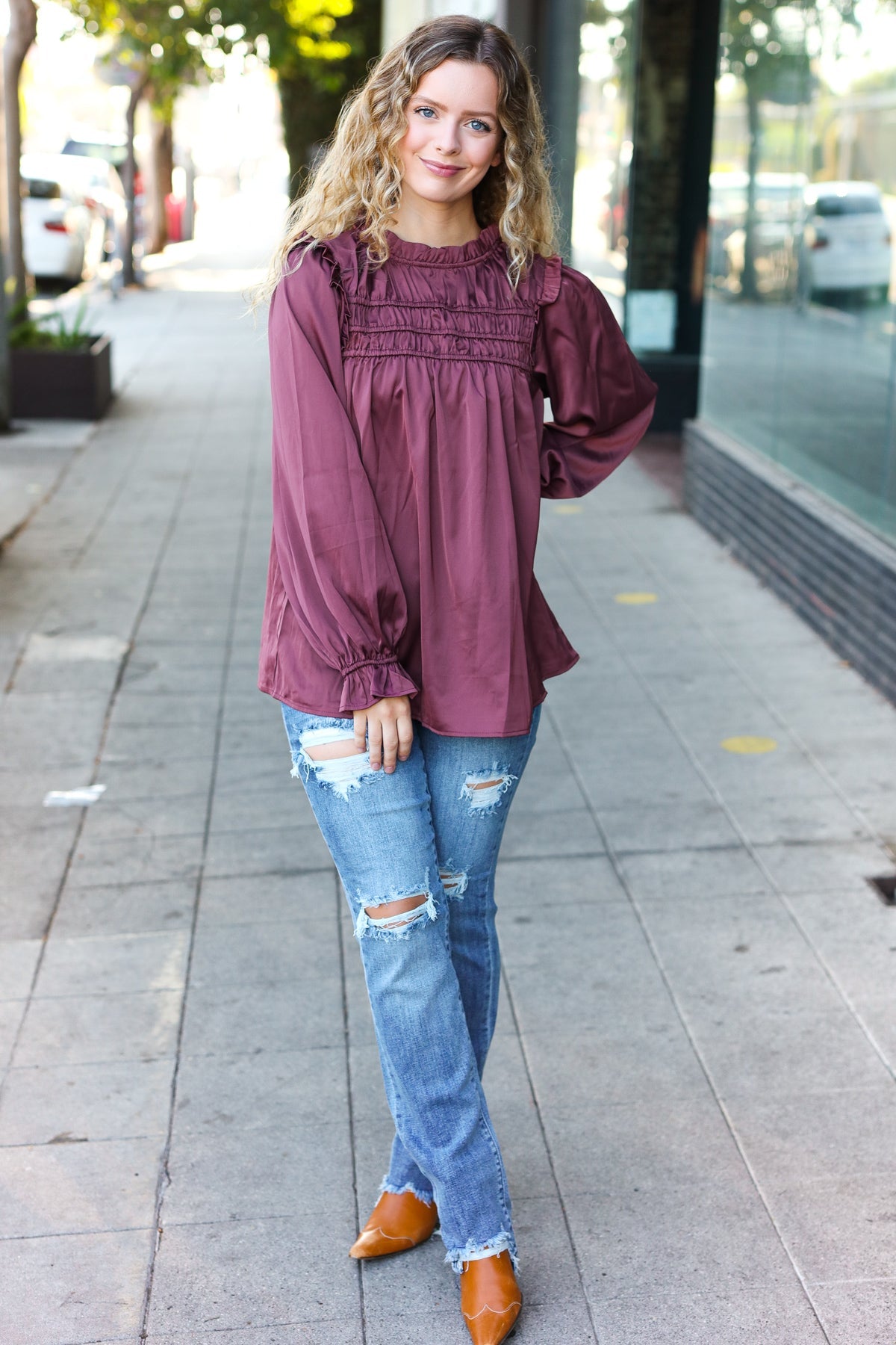 Be Your Best Wine Satin Shirred Yoke Frilled Mock Neck Top