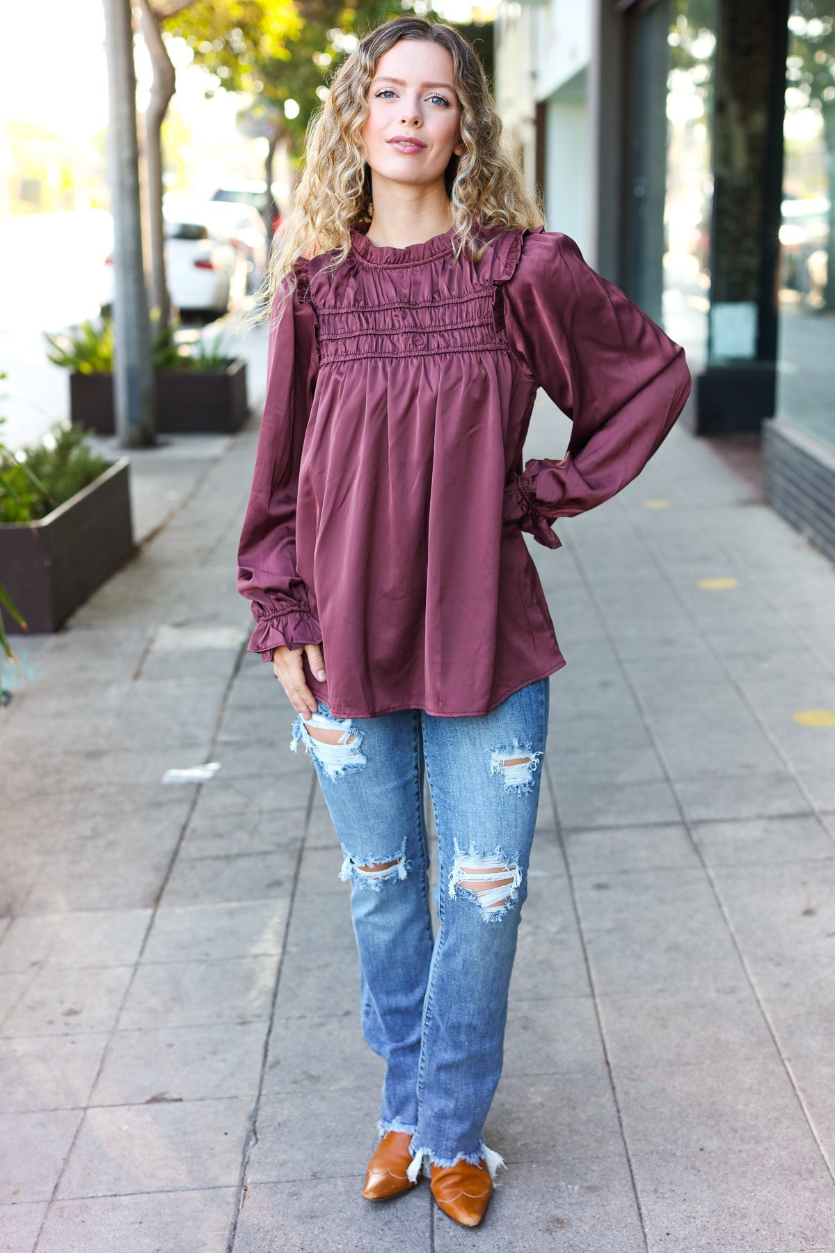 Be Your Best Wine Satin Shirred Yoke Frilled Mock Neck Top