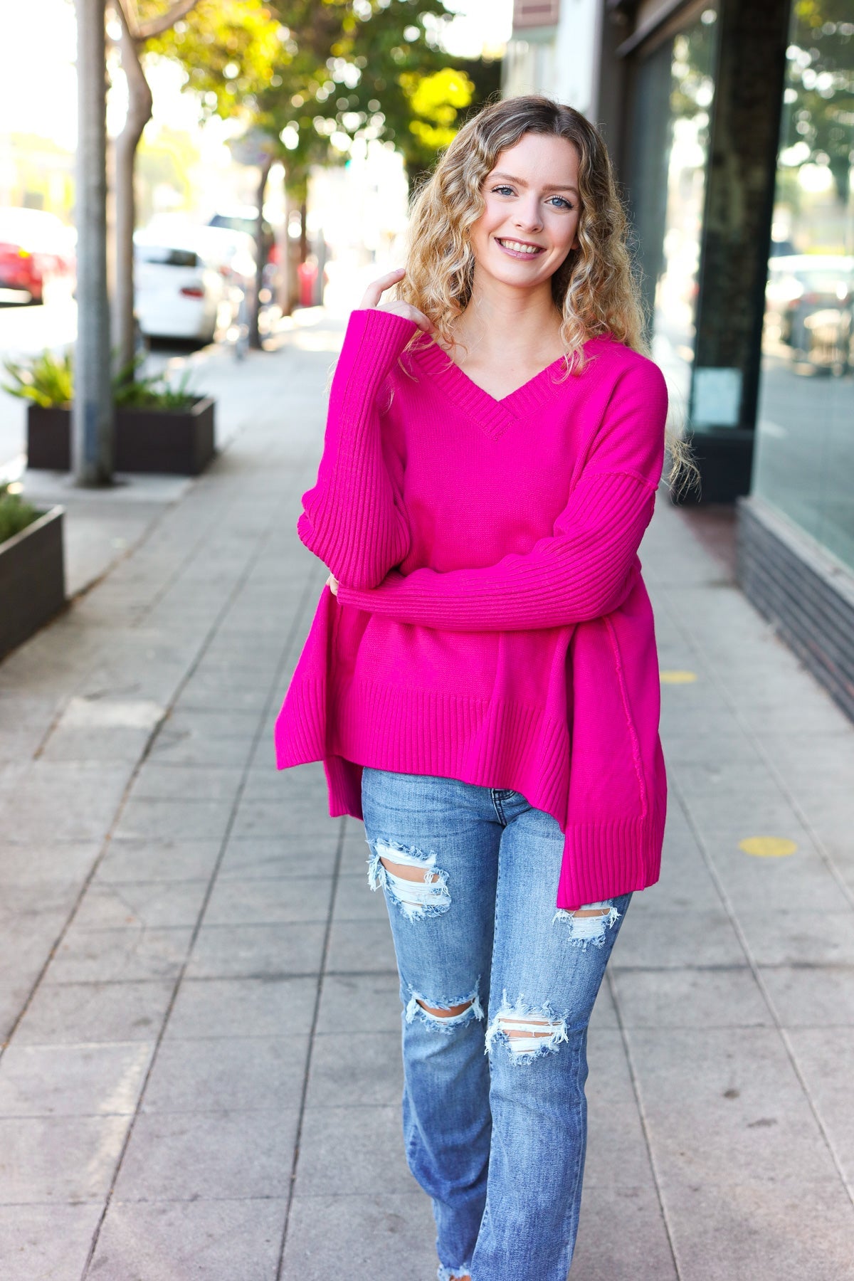 Be Bold Magenta Oversized V Neck Rib Knit Sweater