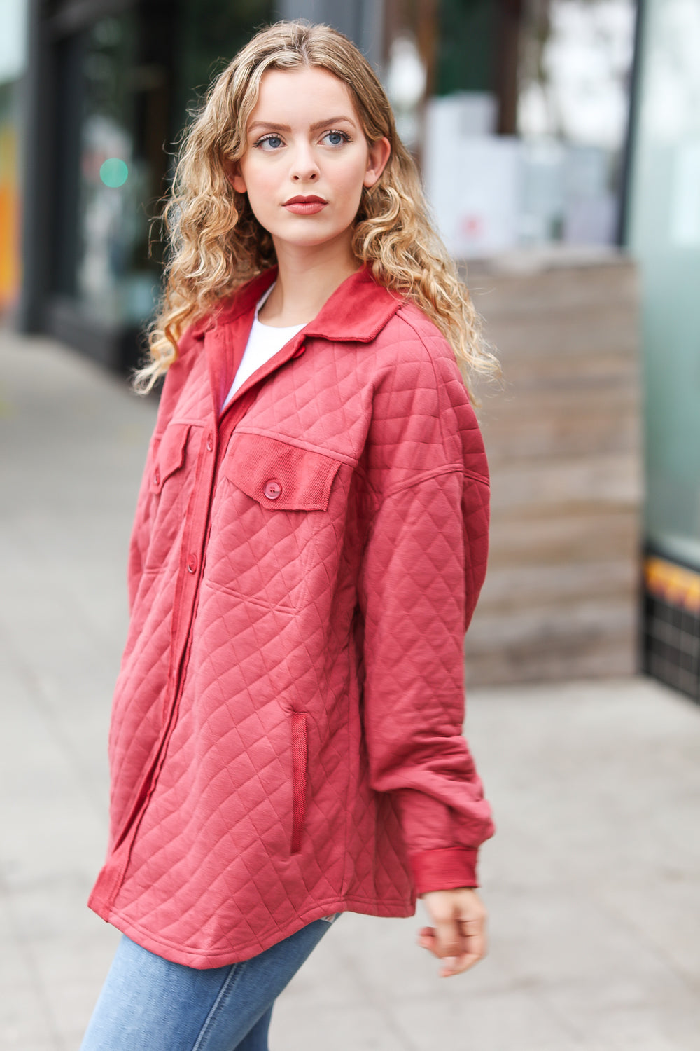 Eyes On You Marsala Quilted Knit Button Down Shacket