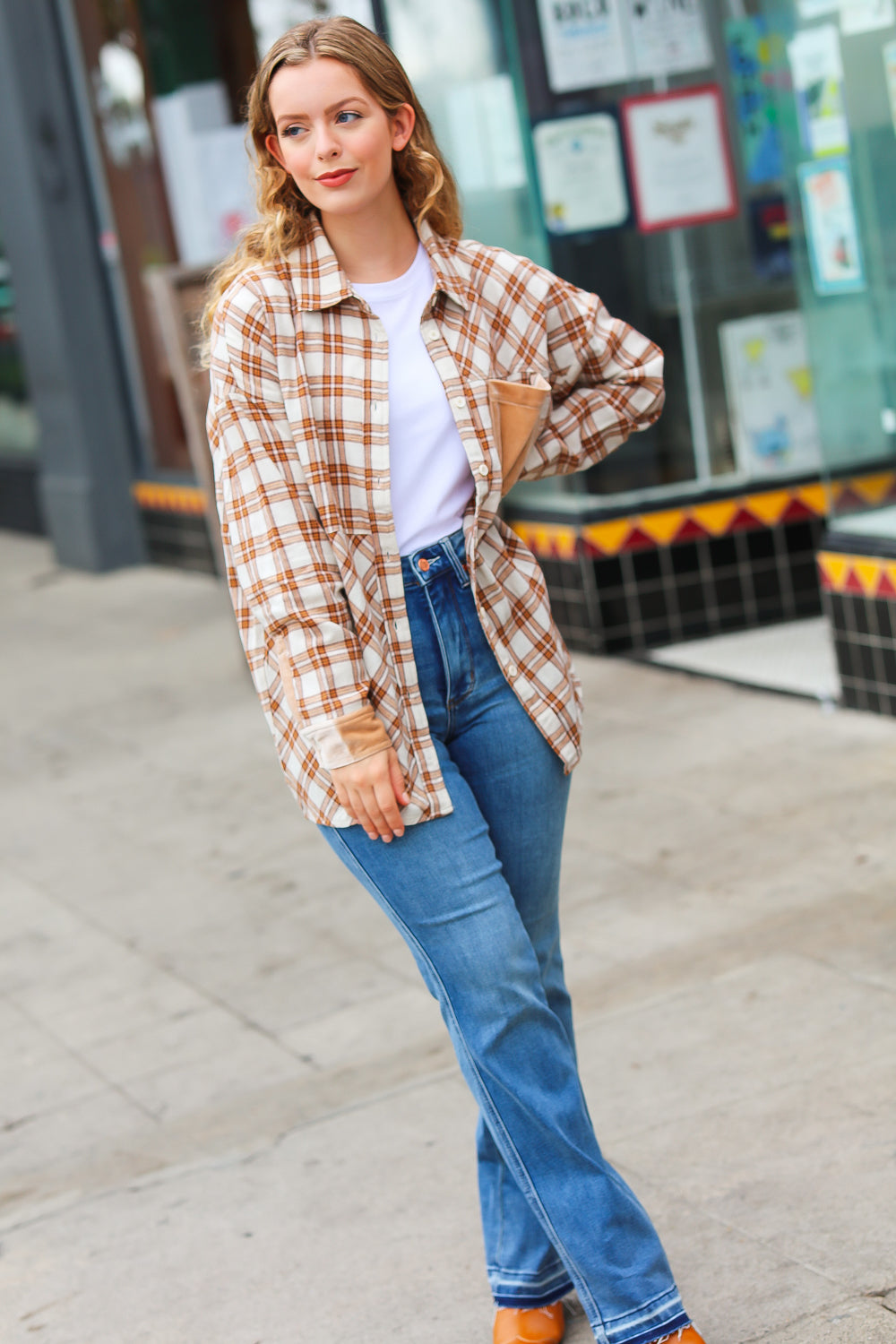 Taupe Plaid Velvet Pocket Button Down Top