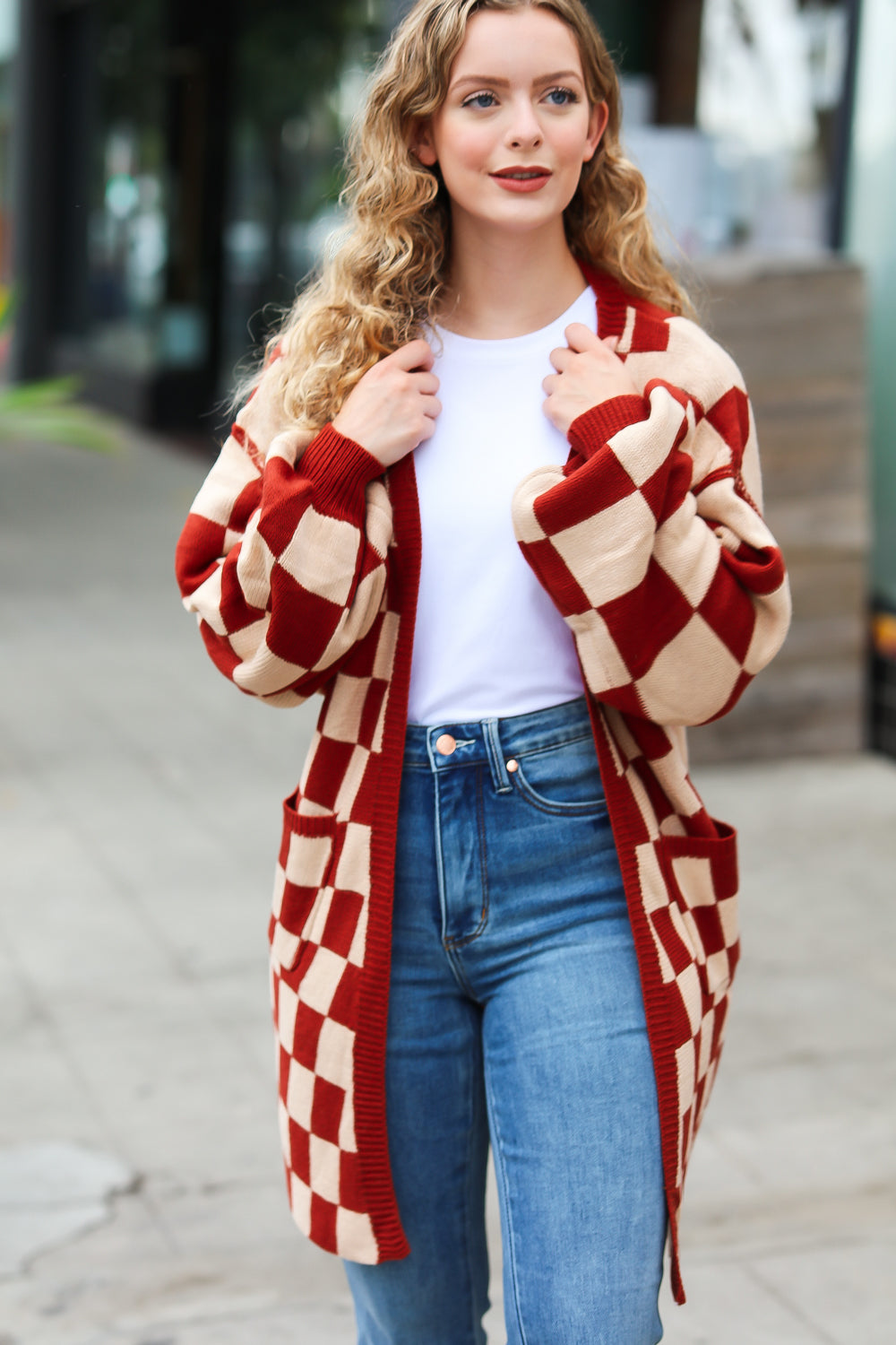 Can't Help But Love Rust Checkered Open Cardigan