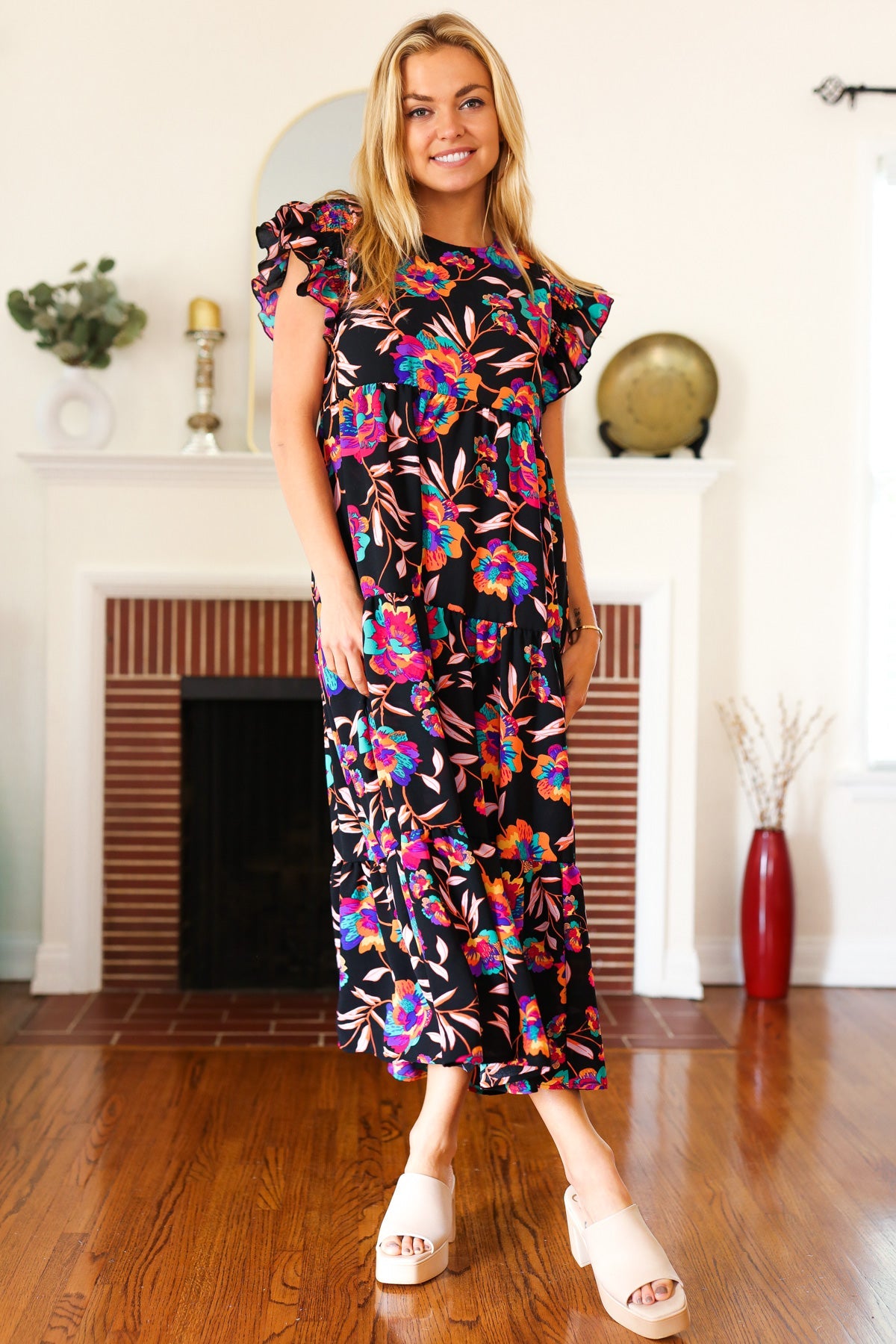 Just A Dream Black Floral Print Smocked Ruffle Sleeve Maxi Dress