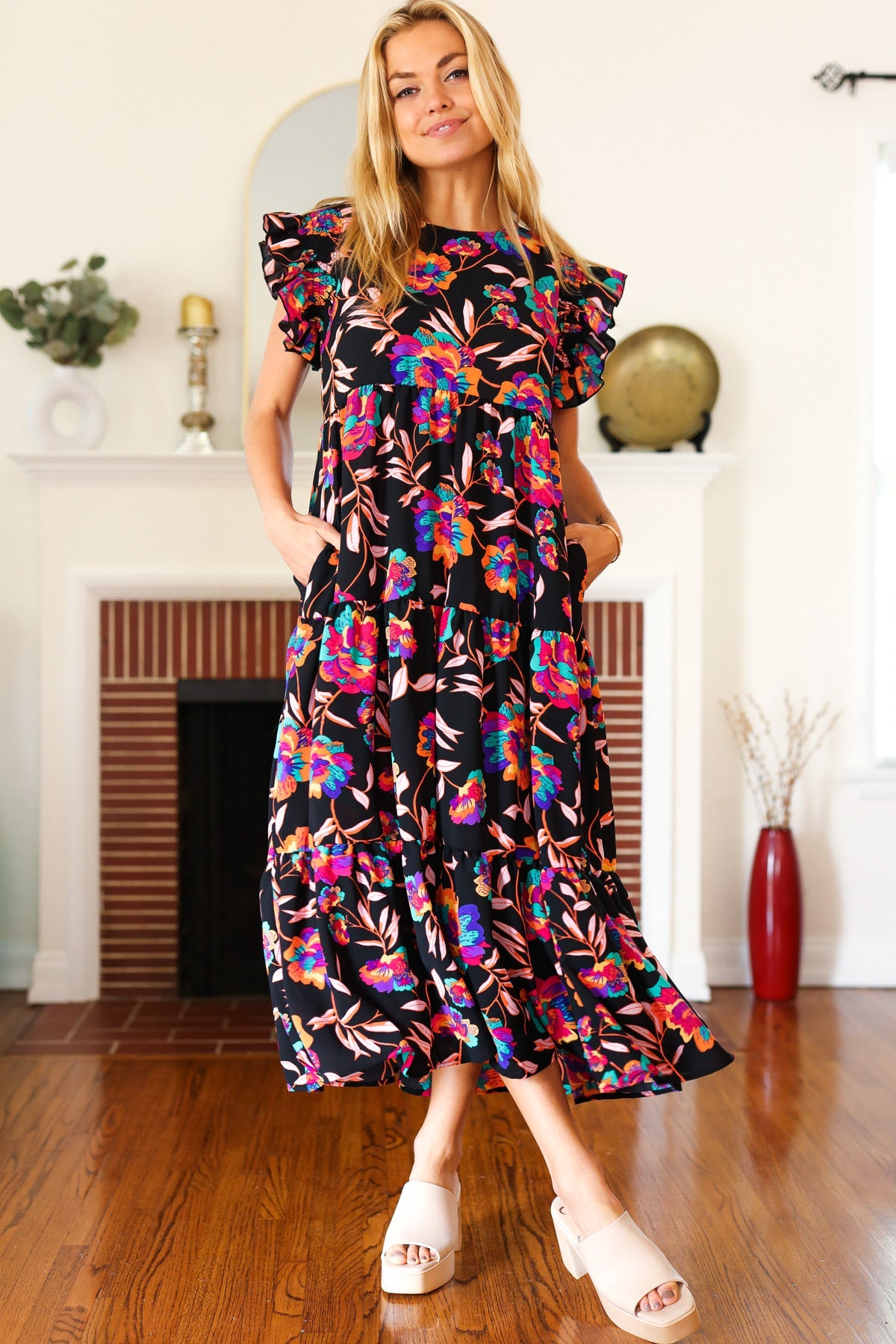 Just A Dream Black Floral Print Smocked Ruffle Sleeve Maxi Dress