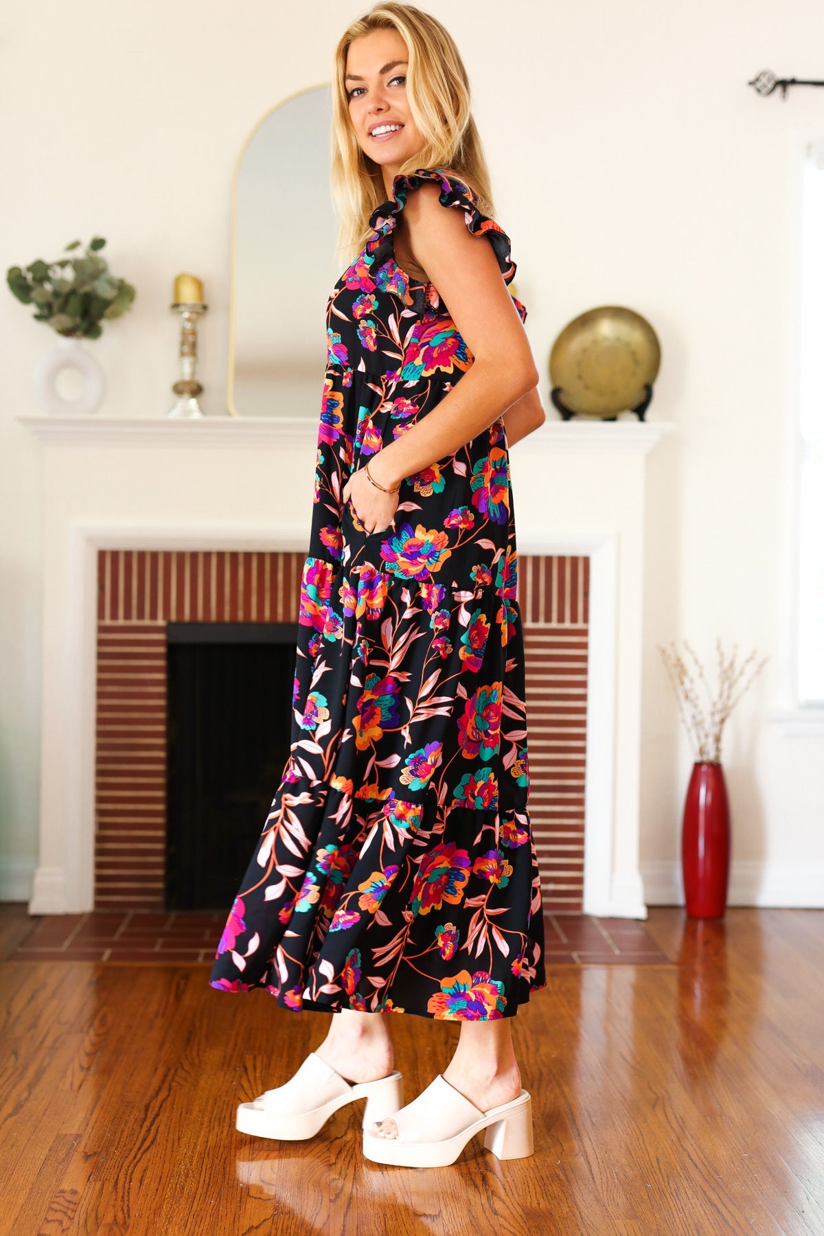 Just A Dream Black Floral Print Smocked Ruffle Sleeve Maxi Dress