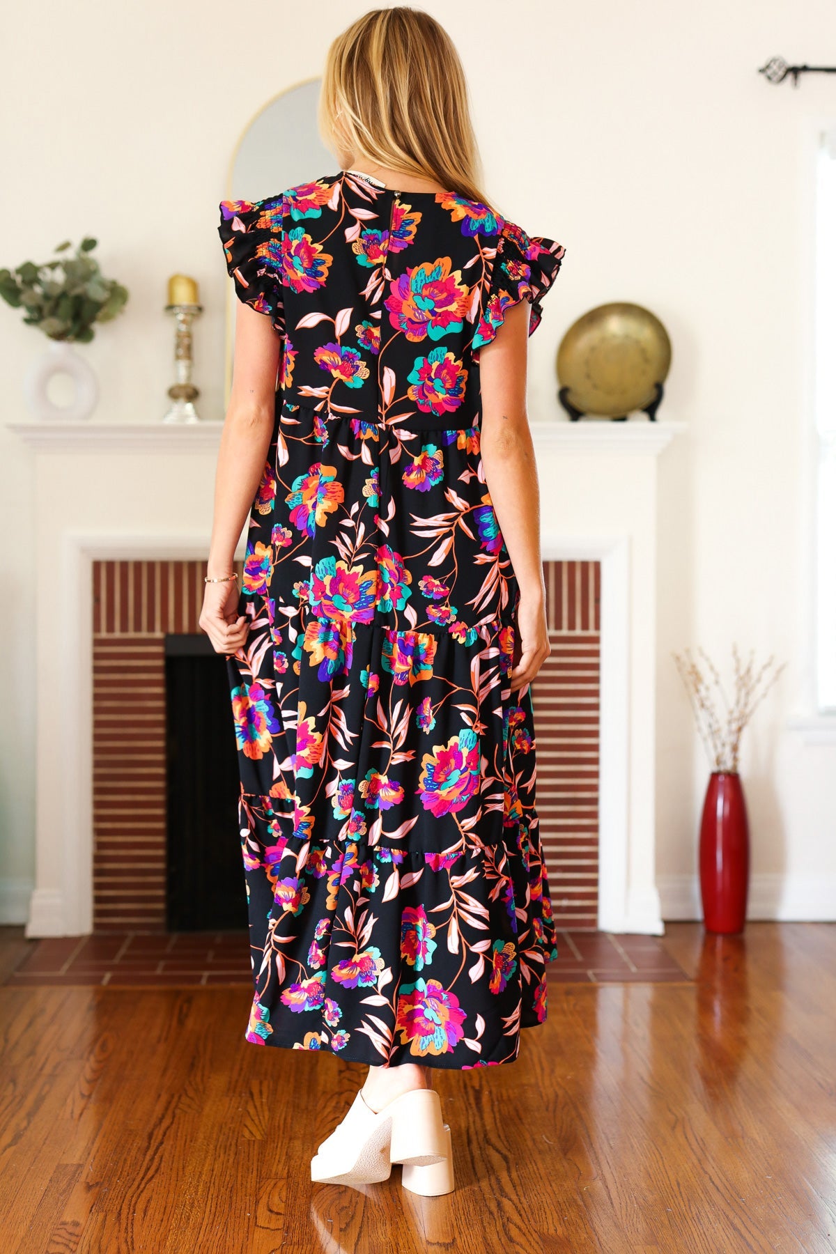 Just A Dream Black Floral Print Smocked Ruffle Sleeve Maxi Dress