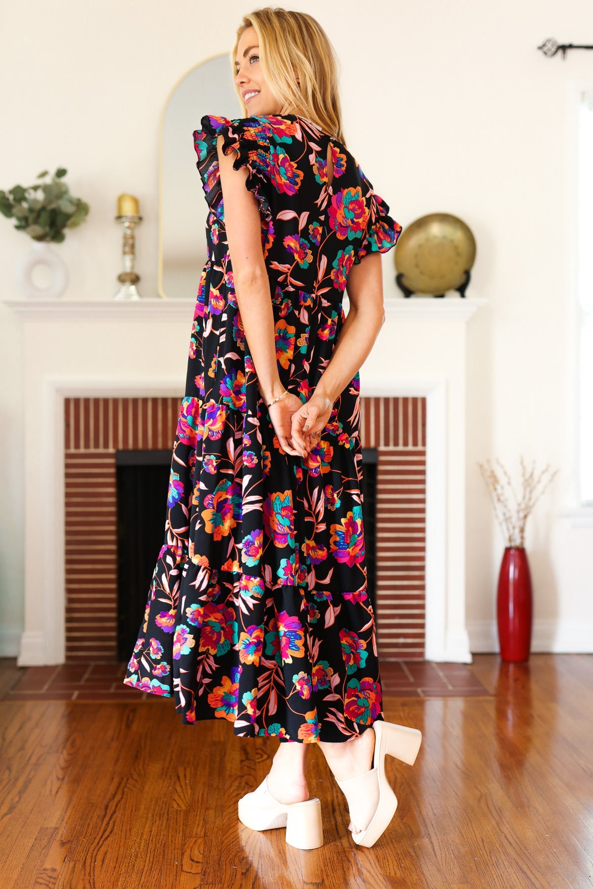 Just A Dream Black Floral Print Smocked Ruffle Sleeve Maxi Dress