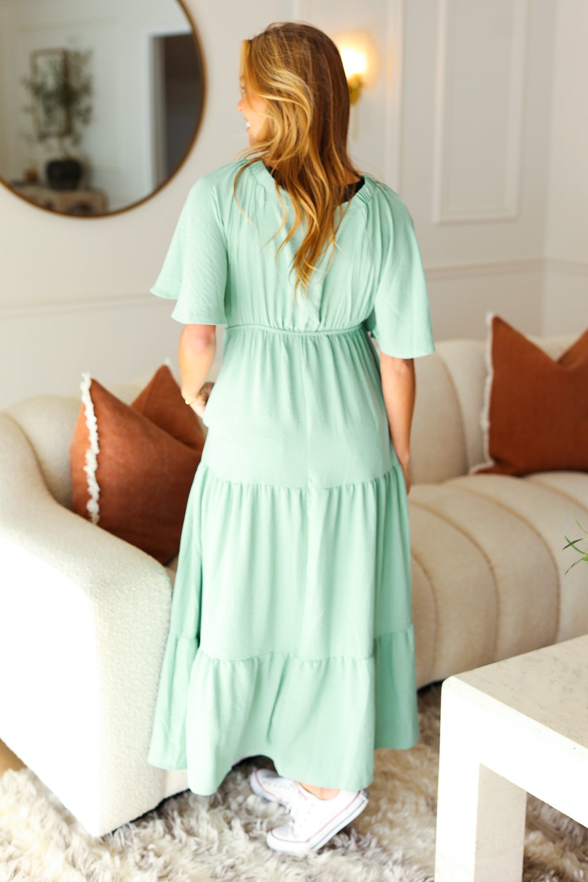 Take You Away Mint Elastic V Neck Tiered Maxi Dress