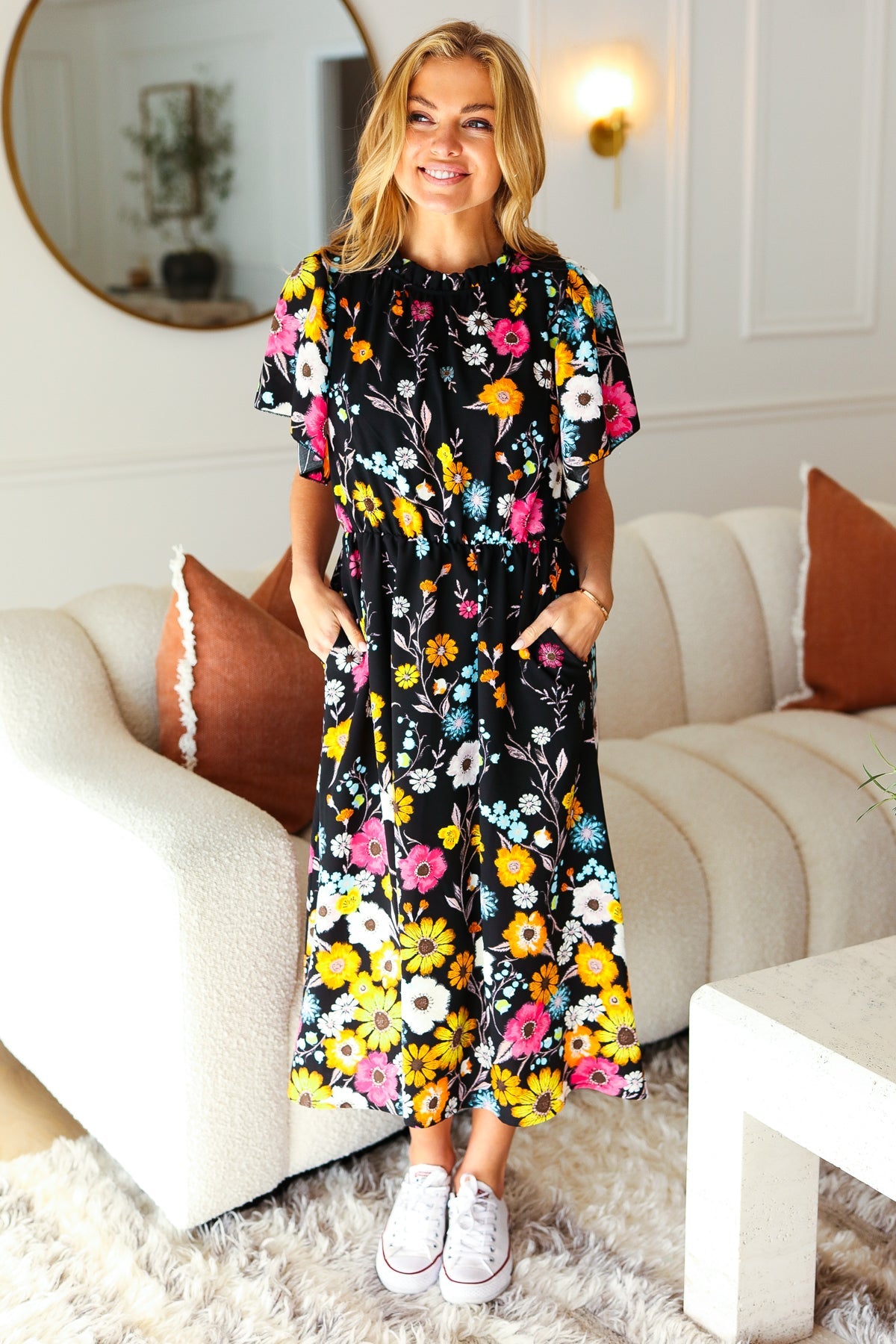 Beautifully You Black Floral Frill Mock Neck Flutter Sleeve Midi Dress