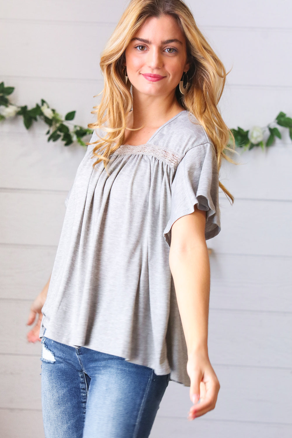 Grey Tie Back Crochet Square Neck Top