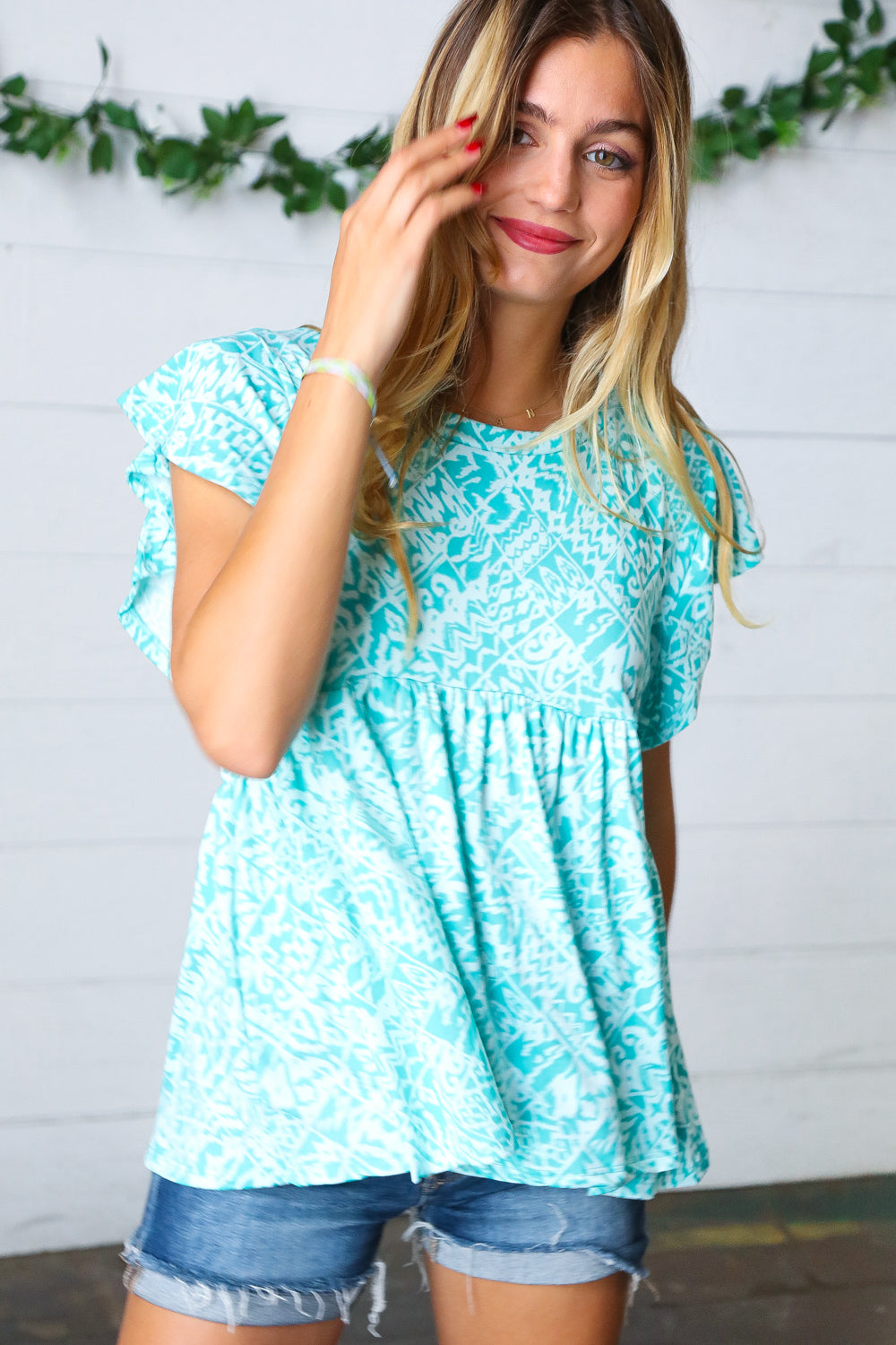 Aqua Boho Print Ruffle Short Sleeve Babydoll Top