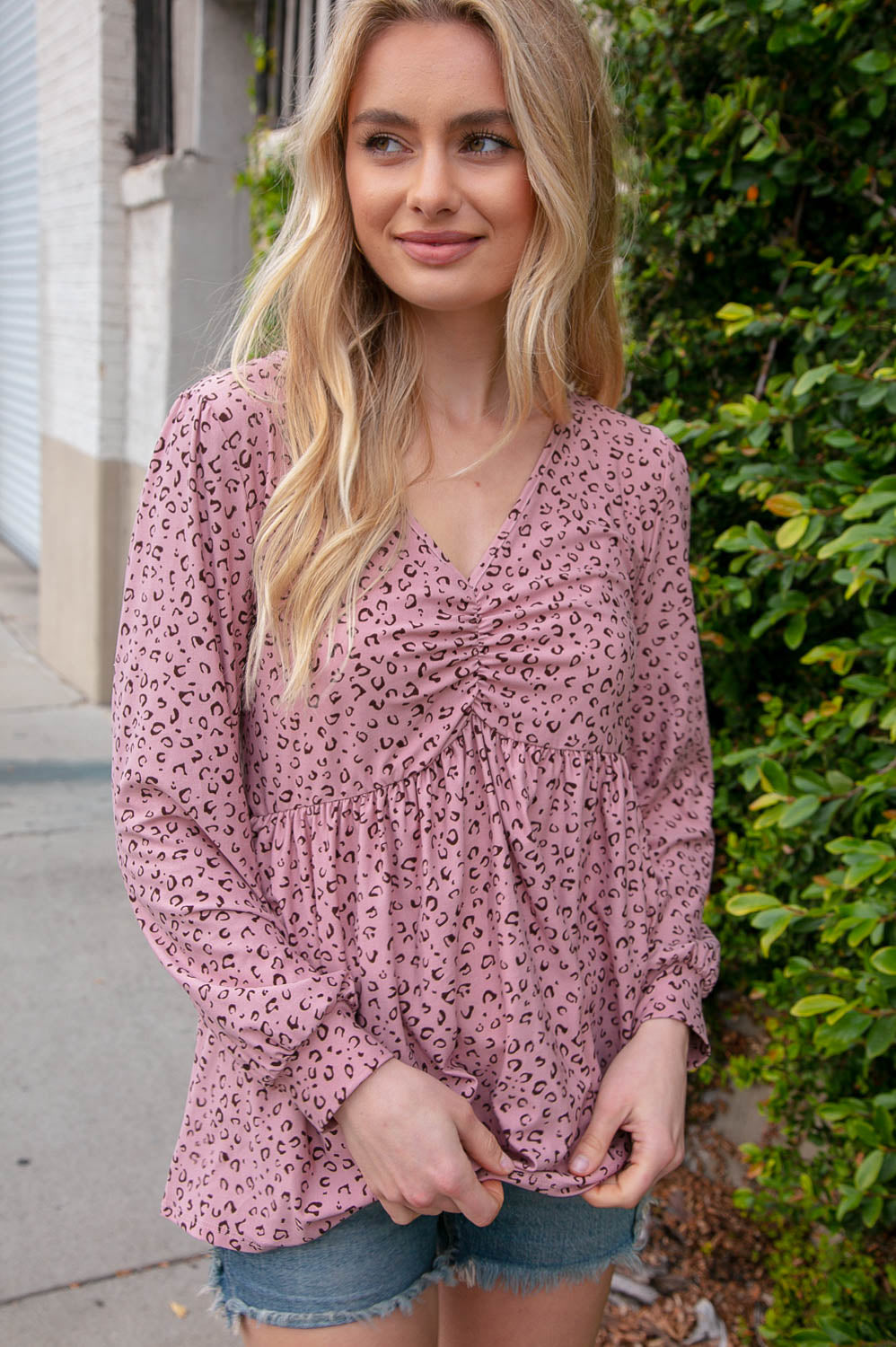 Mauve V Neck Shirred Babydoll Leopard Pint Top