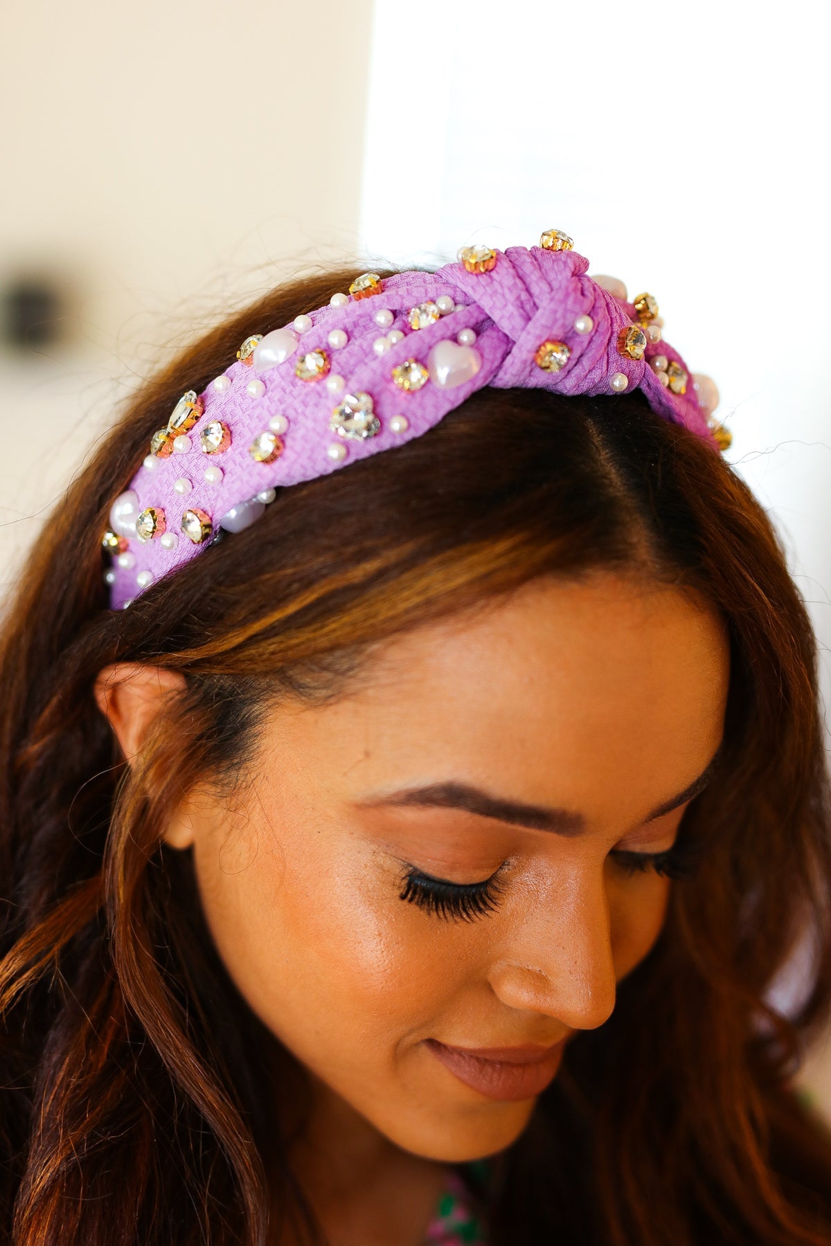 Purple Heart Pearl & Jewel Knot Knit Headband