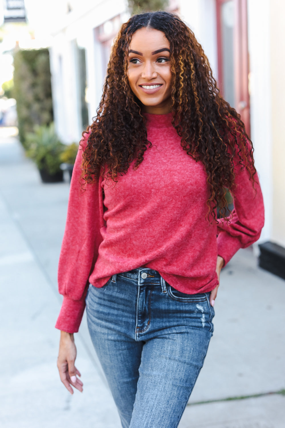 Stay Awhile Red Brushed Melange Puff Short Sleeve Sweater