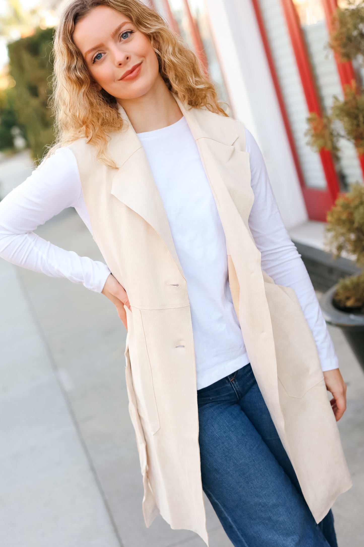 Back In Town Cream Faux Suede Trench Coat Vest