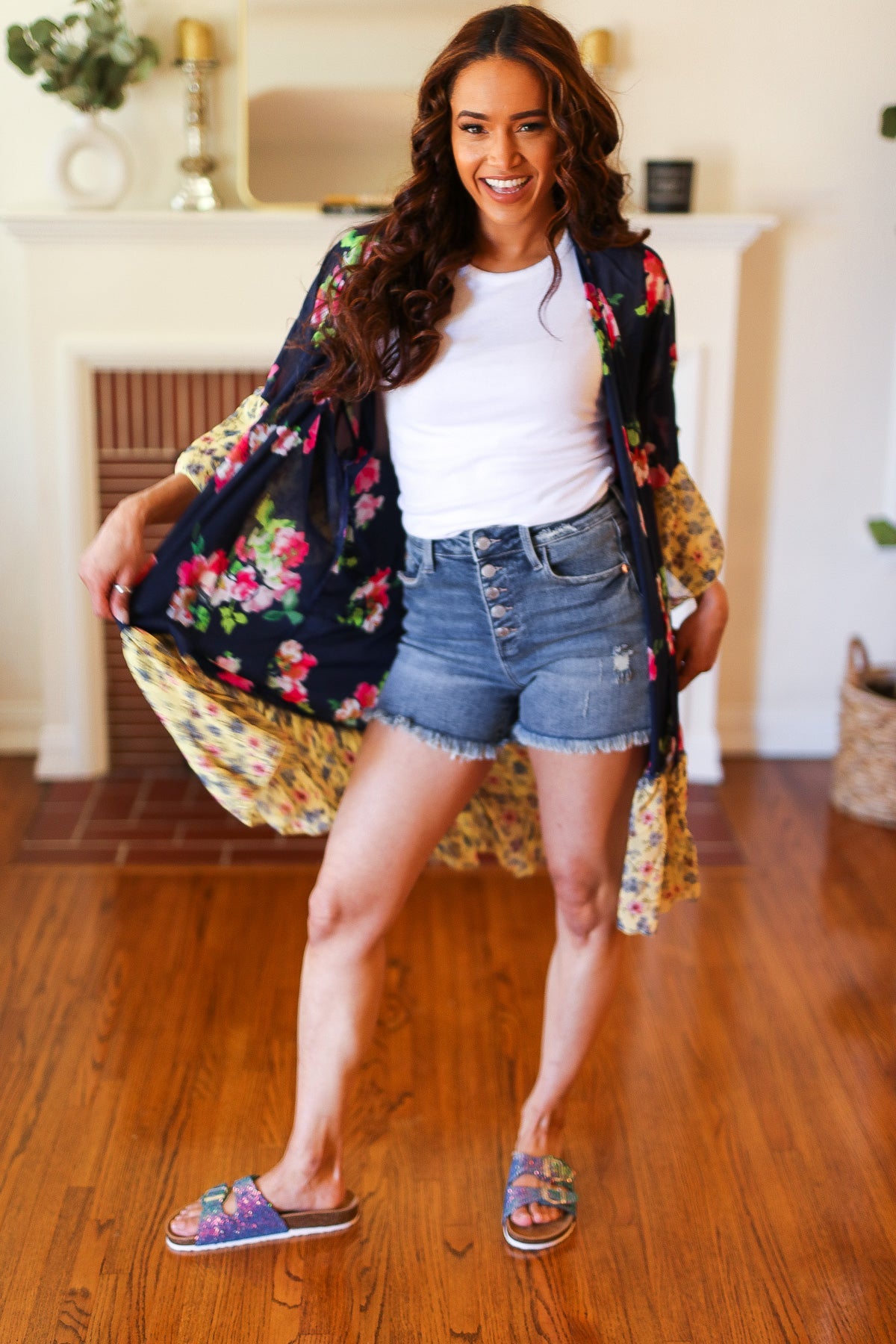 Navy & Yellow Colorblock Floral Chiffon Ruffle Kimono